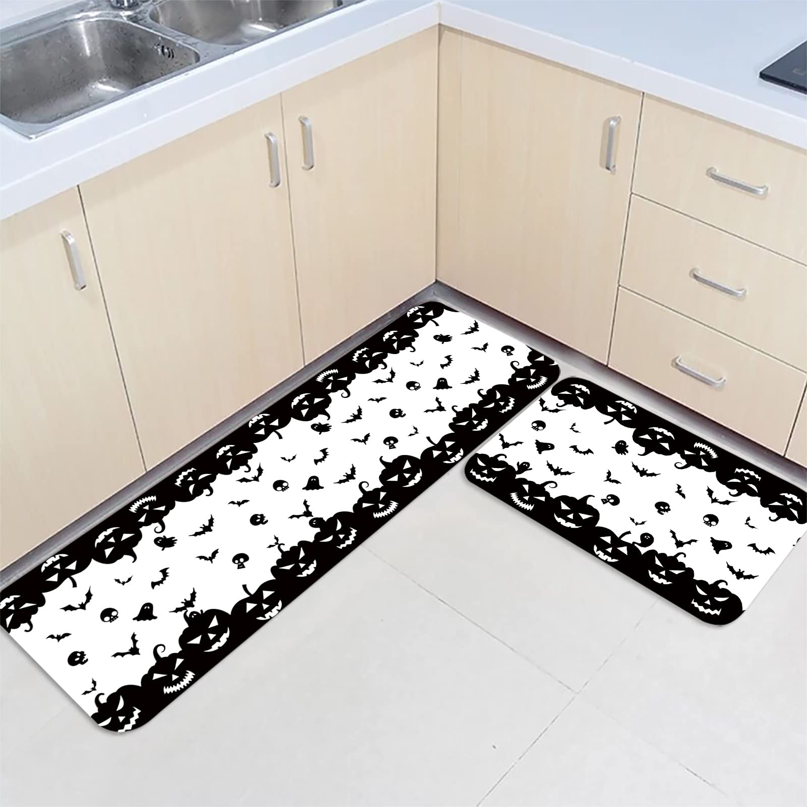Halloween Horror Pumpkin Bat Skeleton Ghost Non-Slip Kitchen Mats (2-Pack) - Absorbent Floor Runner Rugs for Bathroom, Living Room & Entryway - Black and White Shadow Design for Spooky Home Decor
