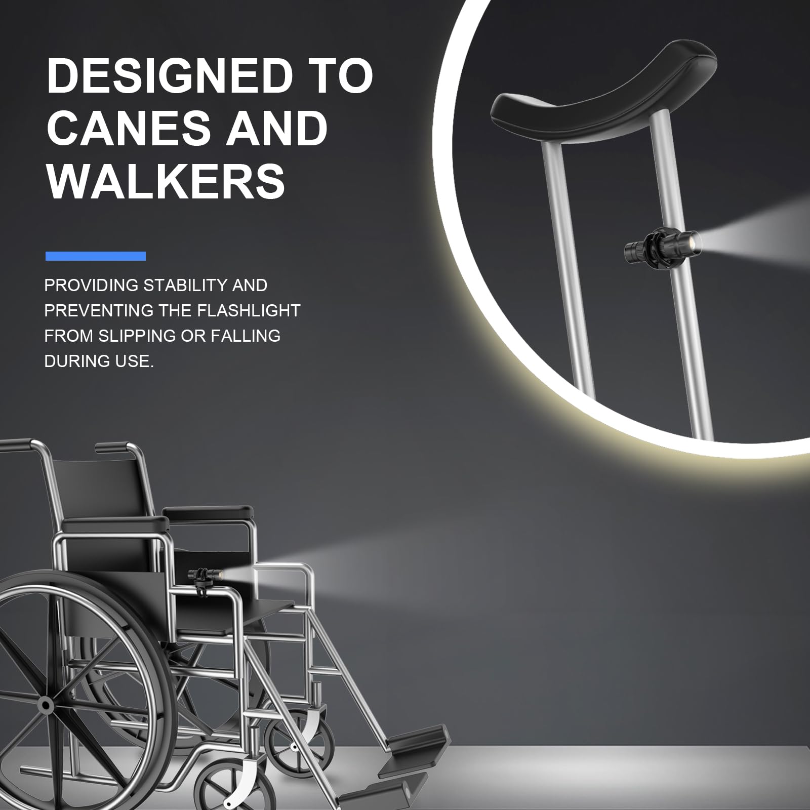 Adjustable Super Bright Waterproof Flashlight for Canes & Walkers - Crutch & Wheelchair Accessory with Fall Prevention | Perfect for Night Walking, Hiking & Outdoor Safety
