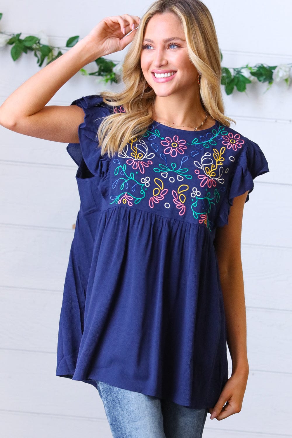 Navy Blue Floral Embroidered Flutter Sleeve Blouse for Women - Elegant Boho Chic Tunic Top for Casual Wear, Date Night & Summer Outfits