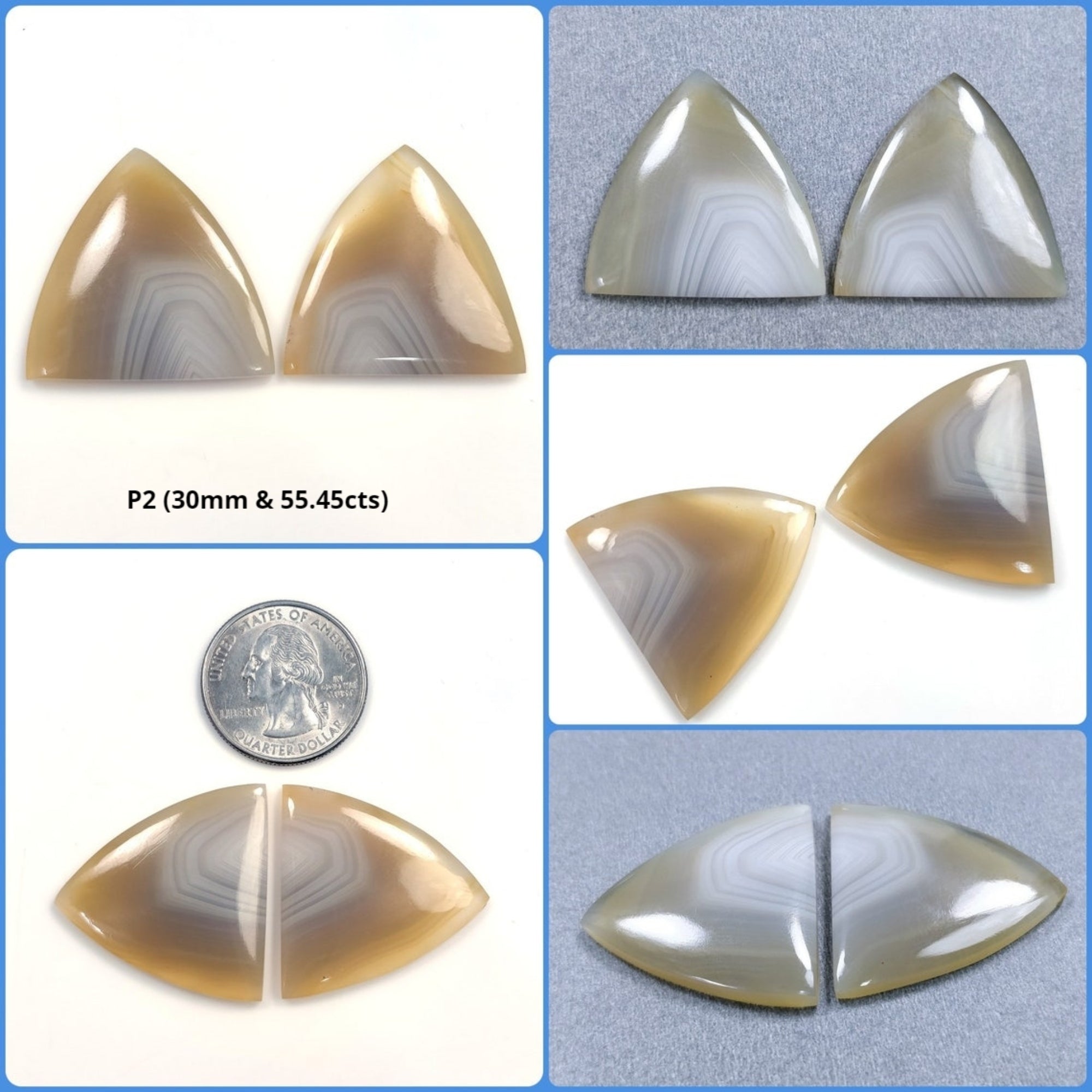 Natural Untreated Botswana Agate Gemstone Cabochon - Bi-Color Agate Trillion & Unique Shape Pair (2pcs) for Jewelry Making, Wire Wrapping & Healing Crystal Collection