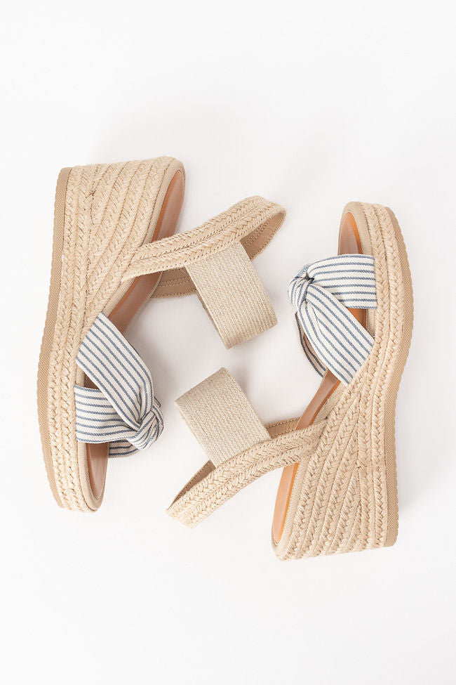 Patton Blue and White Striped Knot Wedge Sandals - Women's Comfortable Summer Shoes for Beach, Pool, and Casual Outings