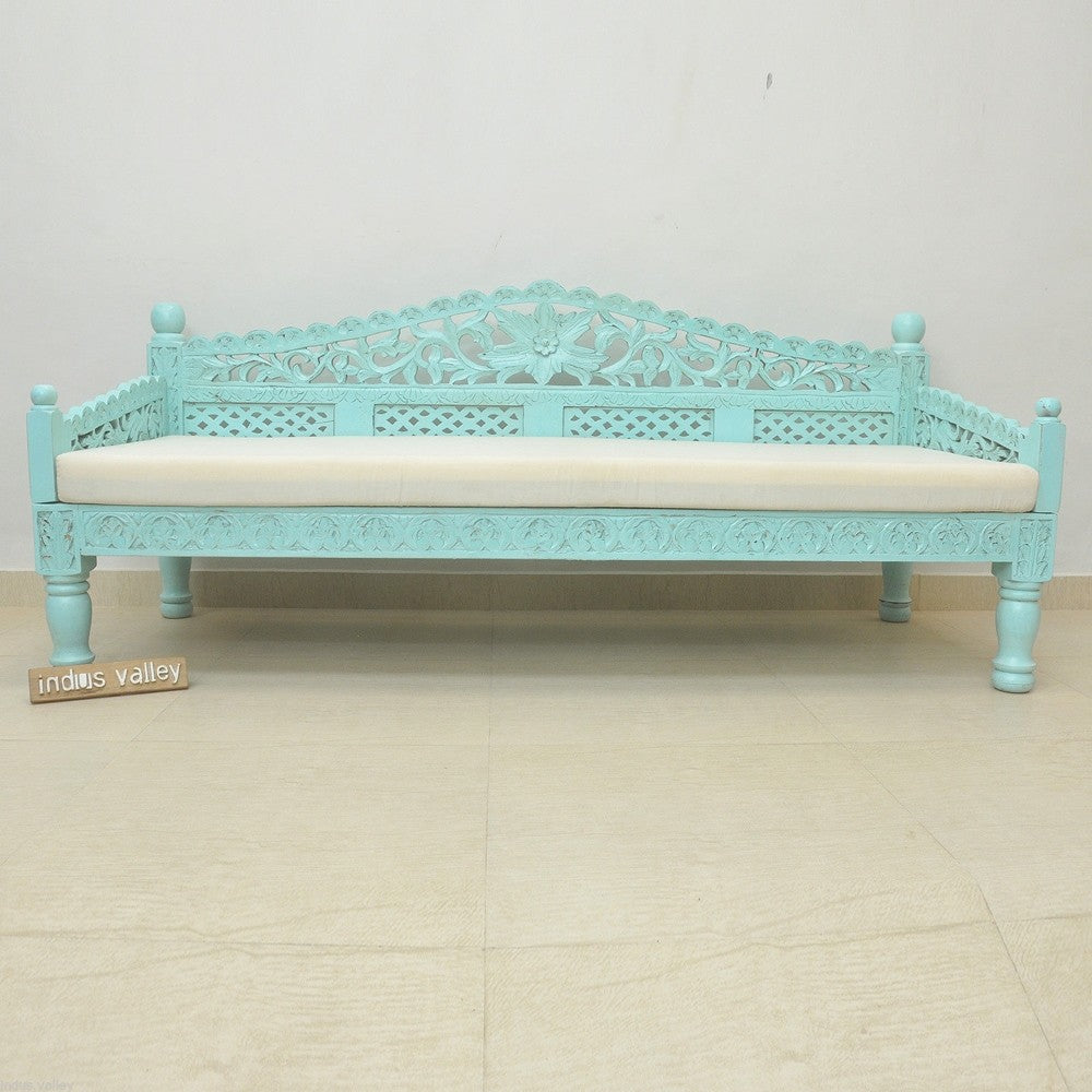 Hand Carved Balinese Daybed - Solid Teak Wood Outdoor Lounge Bed for Patio, Garden & Poolside - Boho Chic Furniture for Relaxing & Sunbathing
