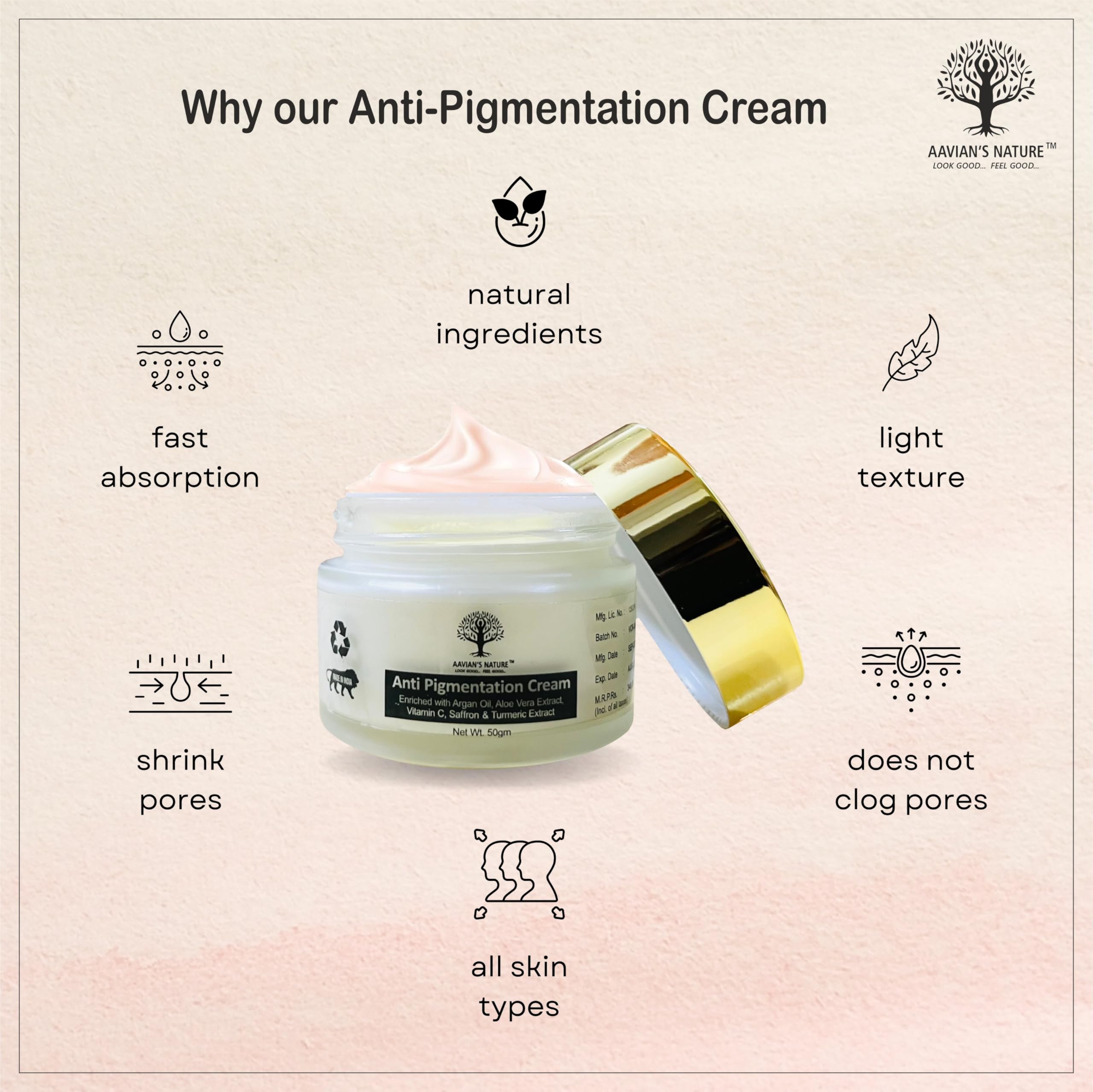 Aavian's Anti-Pigmentation Face Cream with Argan Oil, Aloe Vera & Vitamin C – 50g Brightening Treatment for Dark Spots & Uneven Skin Tone | Perfect for Daily Skincare Routine & Nighttime Repair