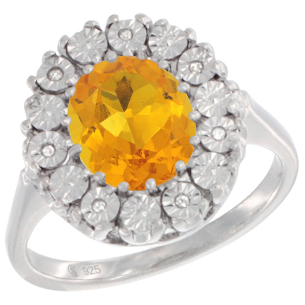 Natural Citrine Sterling Silver Ring with Diamond Accent - Oval 9x7mm, Sizes 5-10 | Elegant Jewelry for Women, Perfect for Weddings, Anniversaries & Gifts