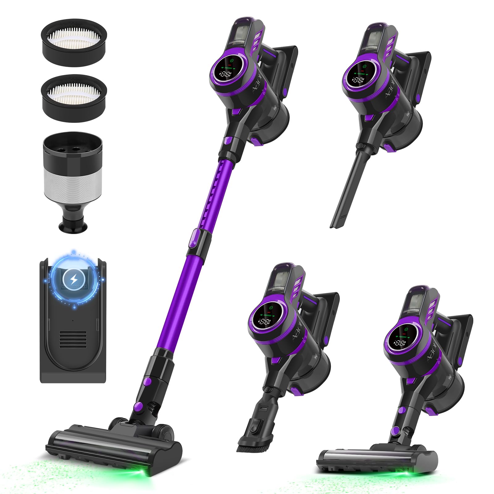Lightweight Cordless Vacuum Cleaner - 30KPa Powerful Suction for Hard Floors & Carpets, HEPA Filter for Pet Hair, LED Side Light, 55 Min Runtime, Touch Screen - Perfect for Home Cleaning & Pet Owners