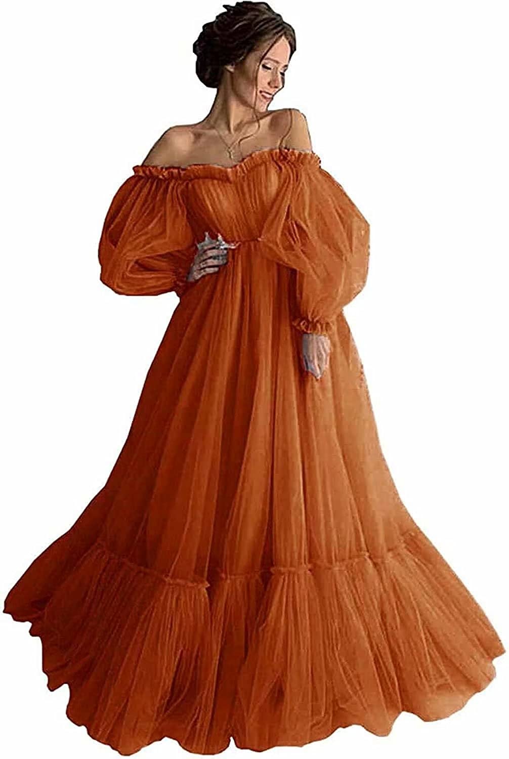 Elegant Off Shoulder Long Ruffle Sweetheart Tulle Ball Gown with Puffy Sleeves - Women's Prom Dress for Formal Events, Weddings & Special Occasions