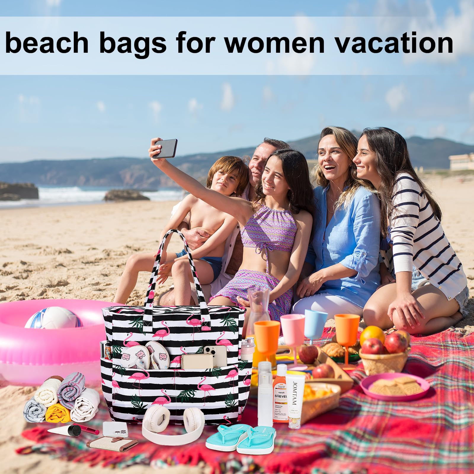 LEDAOU Large Waterproof Beach Tote Bag for Women - Sandproof Zippered Pool & Gym Bag with Wet Pocket - Perfect for Travel, Grocery Shopping & Beach Days