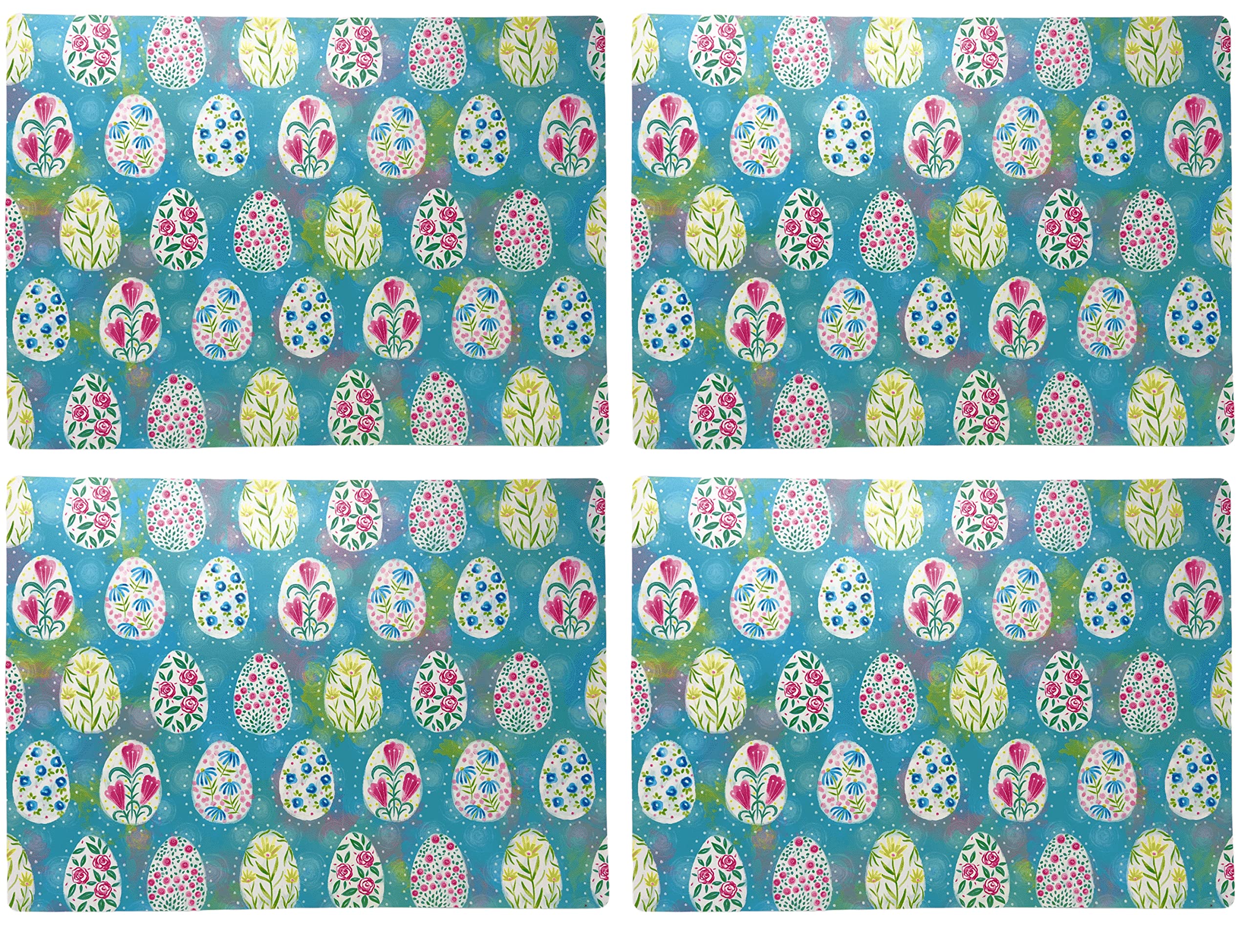 Easter Themed Foam Backed Vinyl Placemats Set of 4 - Floral Easter Egg Design on Blue Background - Waterproof & Non-Slip Table Mats for Holiday Dining, Spring Decor, and Easter Party Table Setting