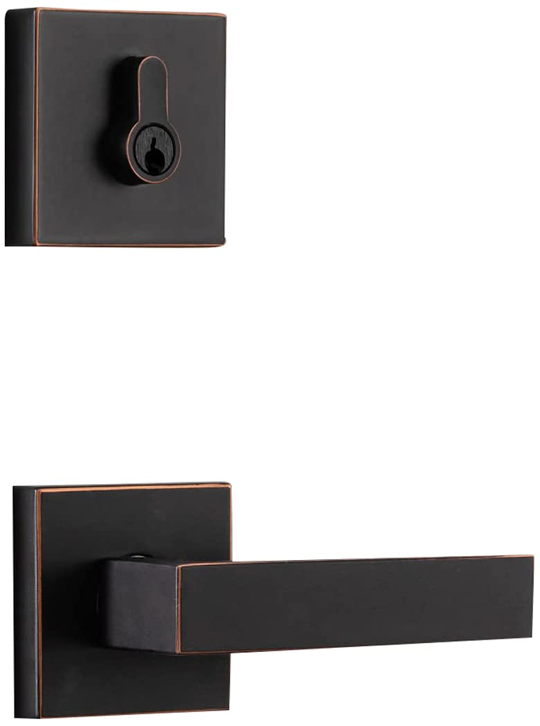 Premium Oil-Rubbed Bronze Front Door Lock Set with Single Cylinder Deadbolt & Square Lever - Heavy Duty Entry Door Handle for Home Security (Perfect for Residential Homes, Apartments & Office Buildings)