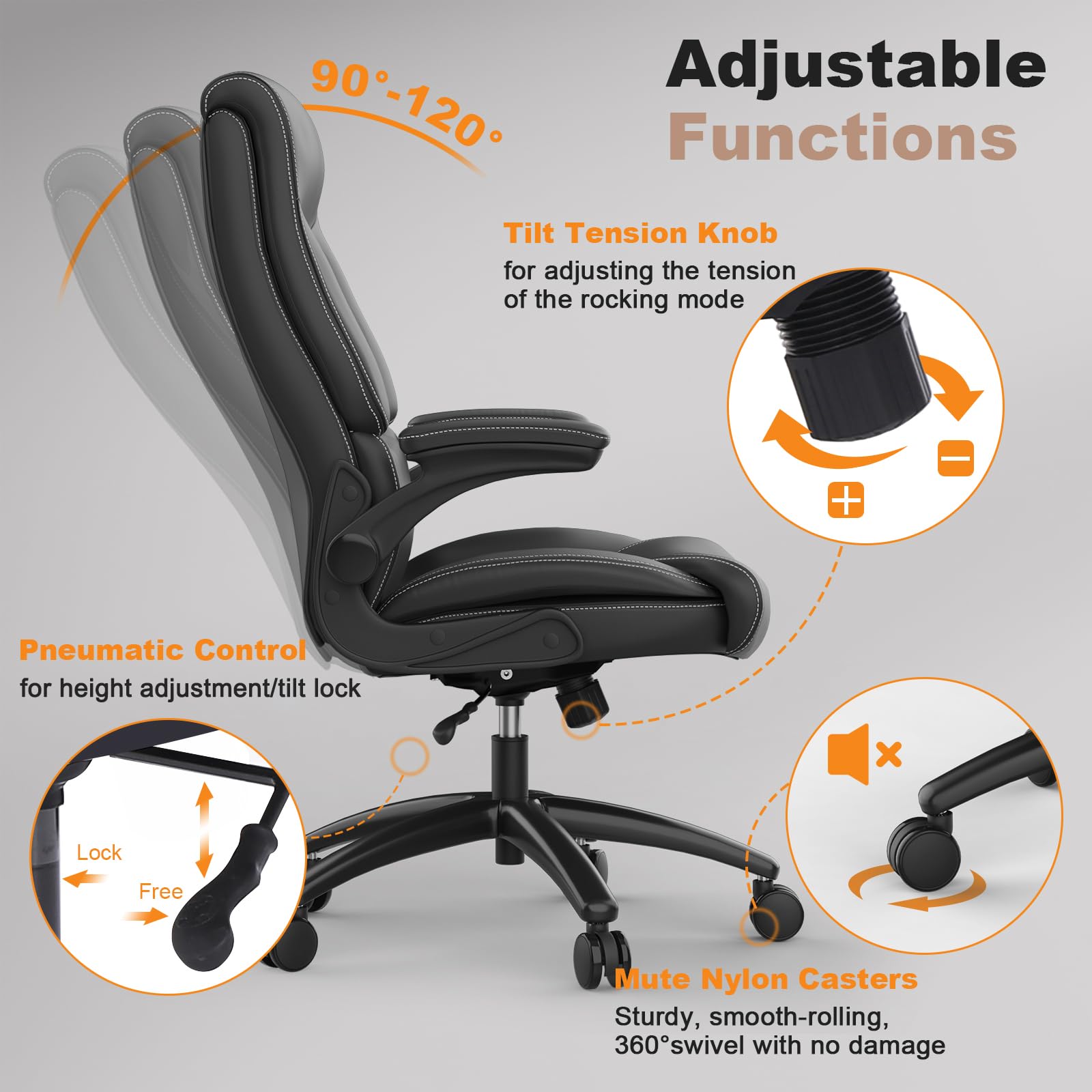 Ergonomic Big and Tall Office Chair - 500LBS Weight Capacity PU Leather Executive Chair with Adjustable Lumbar Support & Flip-Up Armrests - High Back Desk Chair for Home Office, Gaming, and Workspaces - Black