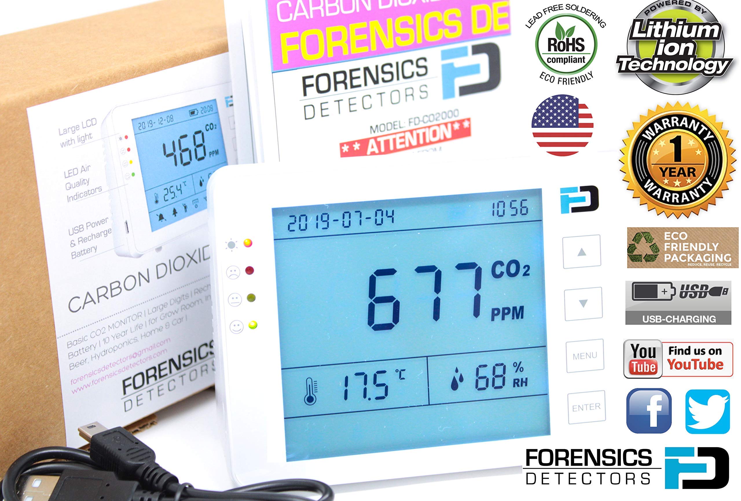 Forensics Basic CO2 Meter - AB841 Compliant Air Quality Monitor with USB/Battery Power & 10-Year Lifespan | Perfect for Classrooms, Gyms, Offices, Homes & Cars | Monitor Indoor Air Quality for Healthier Breathing
