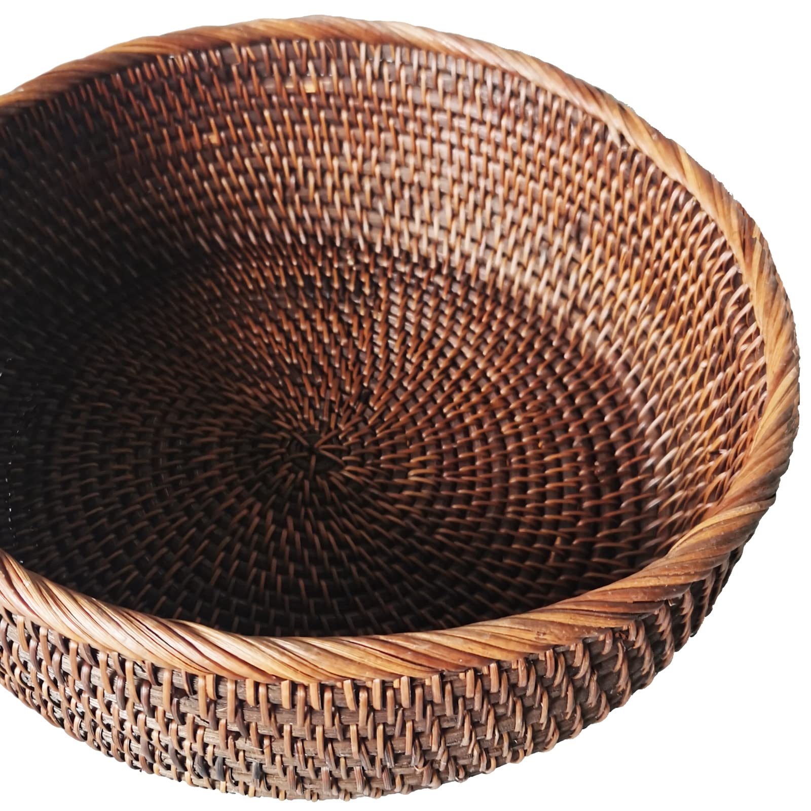 10 Inch Round Rattan Bowl Basket - Handmade Wicker Tray with Scalloped Edge & 4