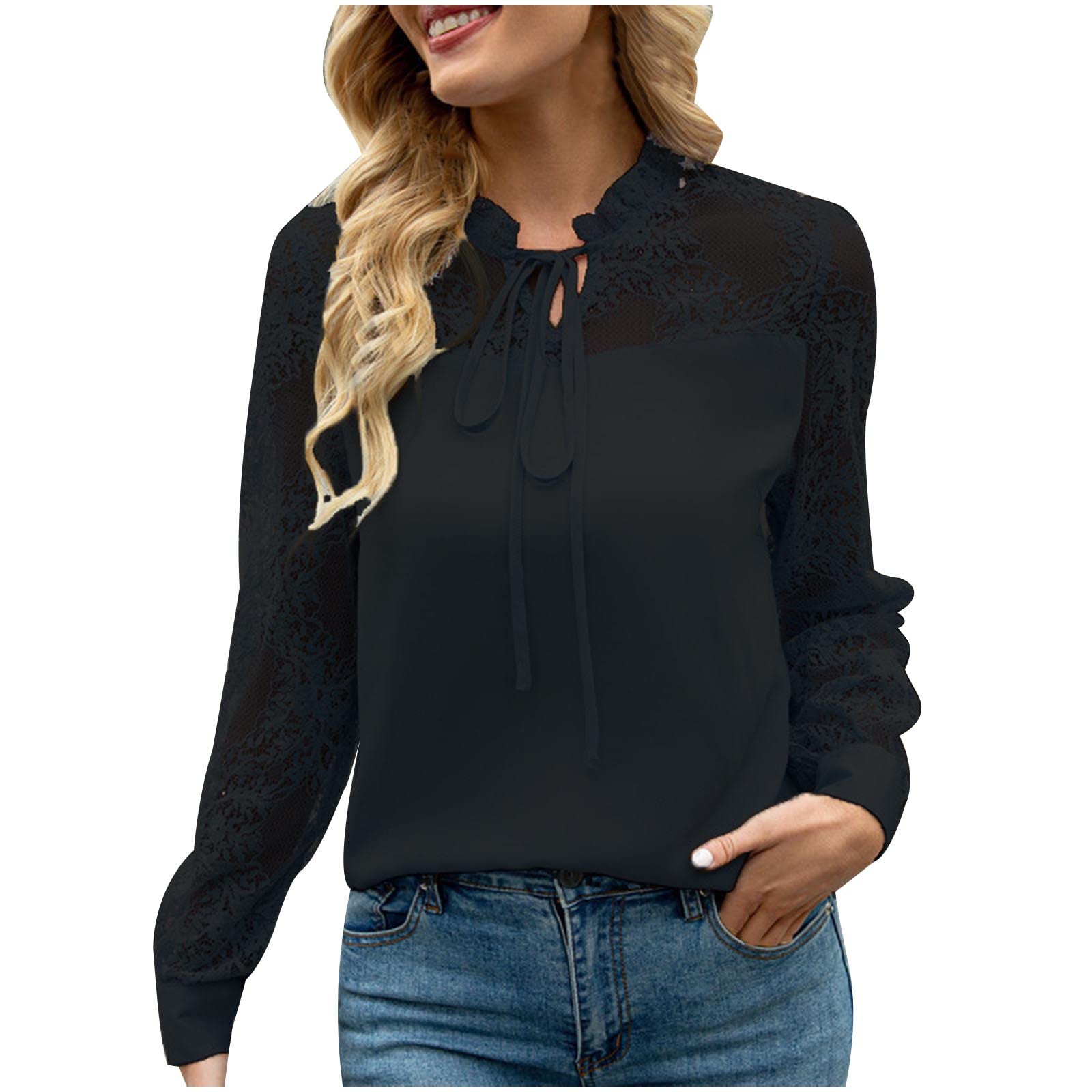 Elegant Women's Long Sleeve Lace Blouse - Summer Chiffon Dressy Top with Drawstring & Loose Fit - Perfect for Office Wear, Date Night & Special Occasions