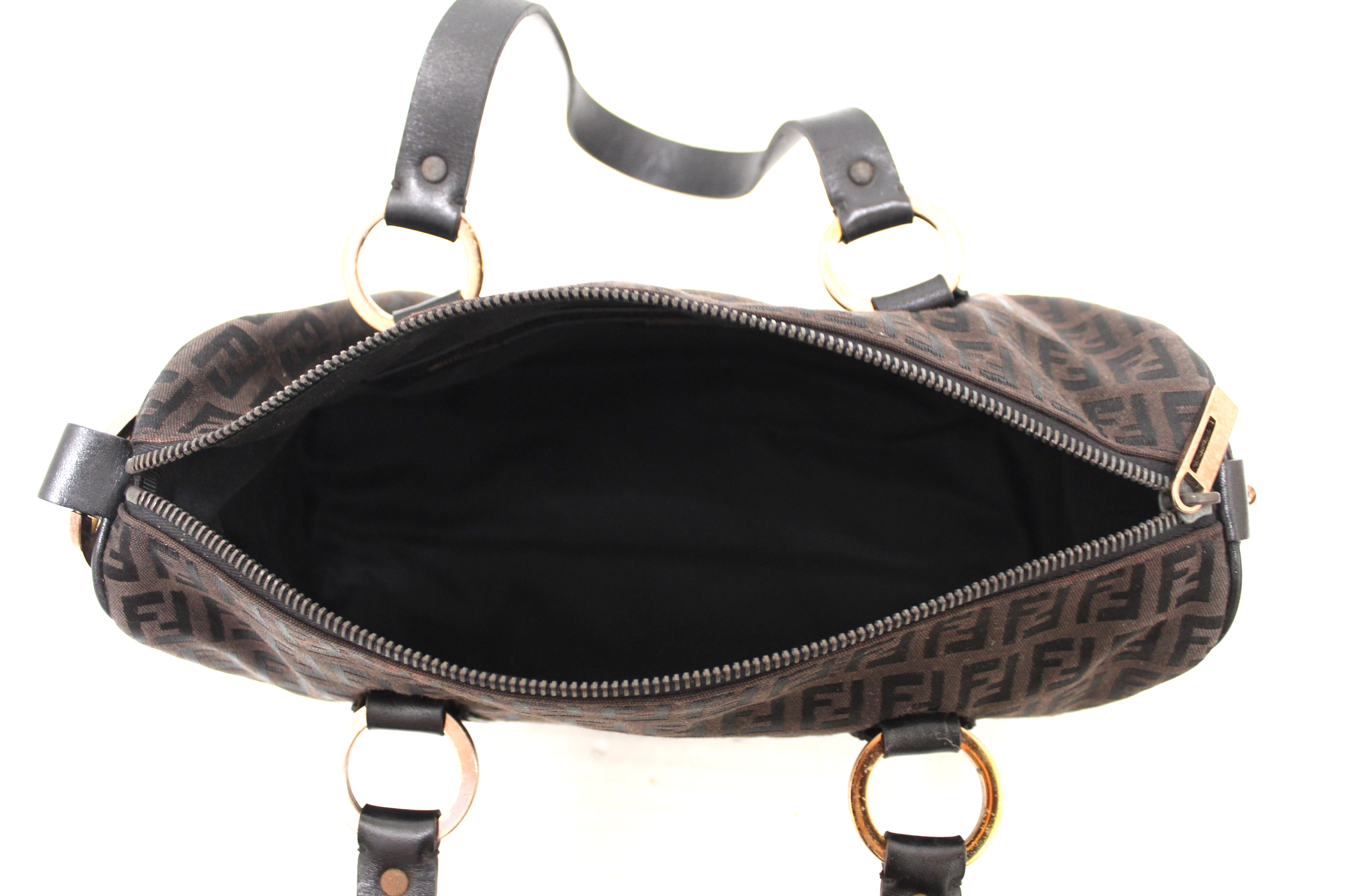Authentic Fendi Brown Zucchino Fabric Bauletto Shoulder Bag for Women | Luxury Designer Handbag | Perfect for Work, Travel & Evening Events
