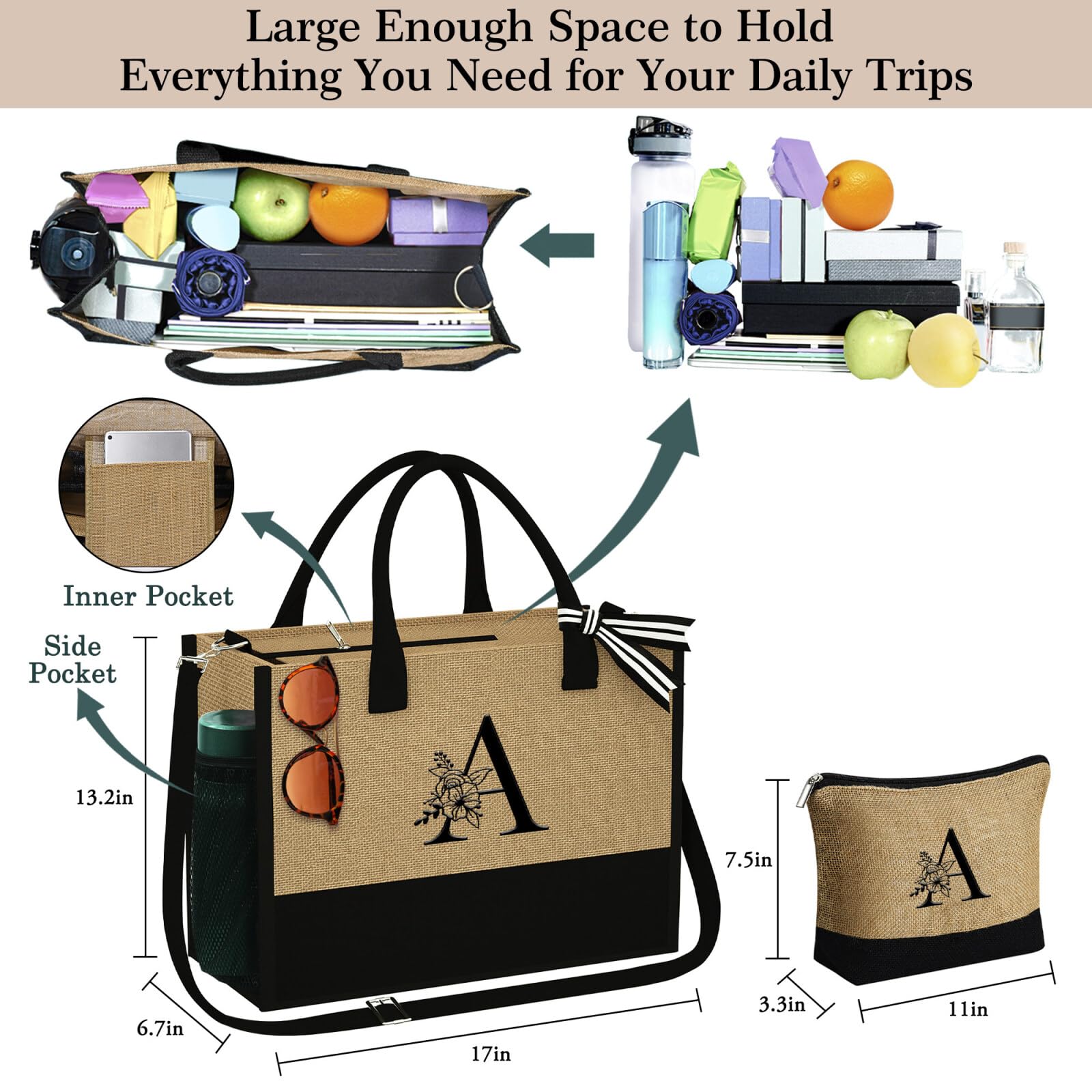 Personalized Jute Tote Bag with Zipper - Monogram Makeup Bag for Women, Perfect Birthday Gift & Friend Present for Daily Use
