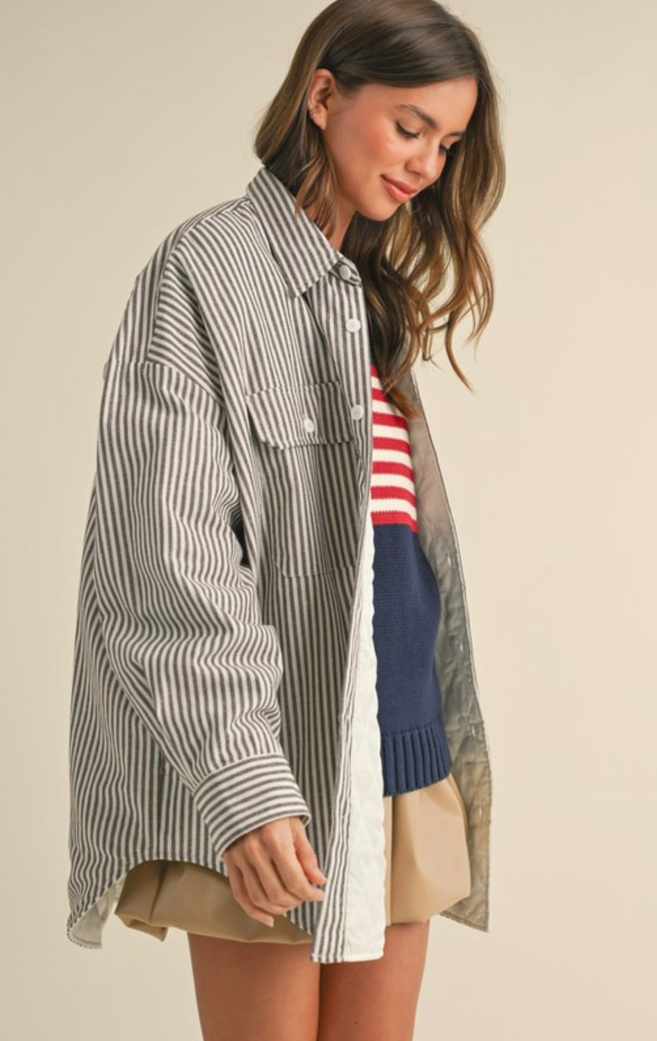 Brown Striped Padded Oversized Shacket for Women - Cozy Winter Layering & Casual Outfit Essential