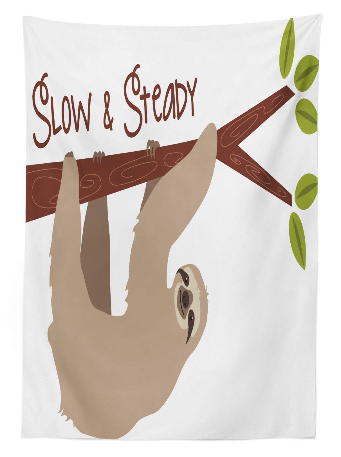 Ambesonne Sloth Outdoor Tablecloth - Cartoon Style Australian Wildlife Mammal on Tree Branch, Slow & Steady Phrase - Washable Picnic Table Cover 58x84 Inches, Tan Chestnut Brown - Perfect for Backyard BBQs, Picnics, and Outdoor Dining