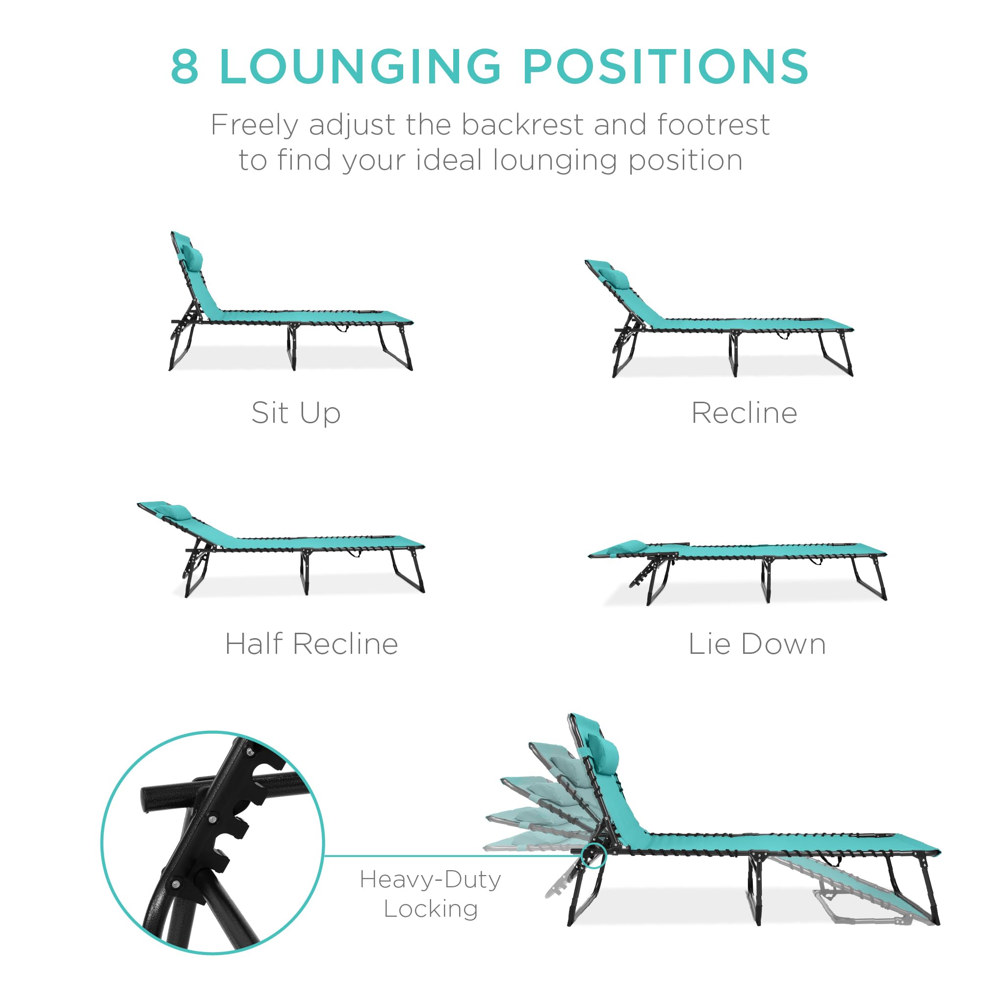 Best Choice Products Patio Chaise Lounge Chair - Portable Outdoor Folding Recliner with 8 Adjustable Positions, Sturdy Handles & 300lb Weight Capacity - Teal Blue - Perfect for Backyard, Poolside, Beach & Camping Relaxation