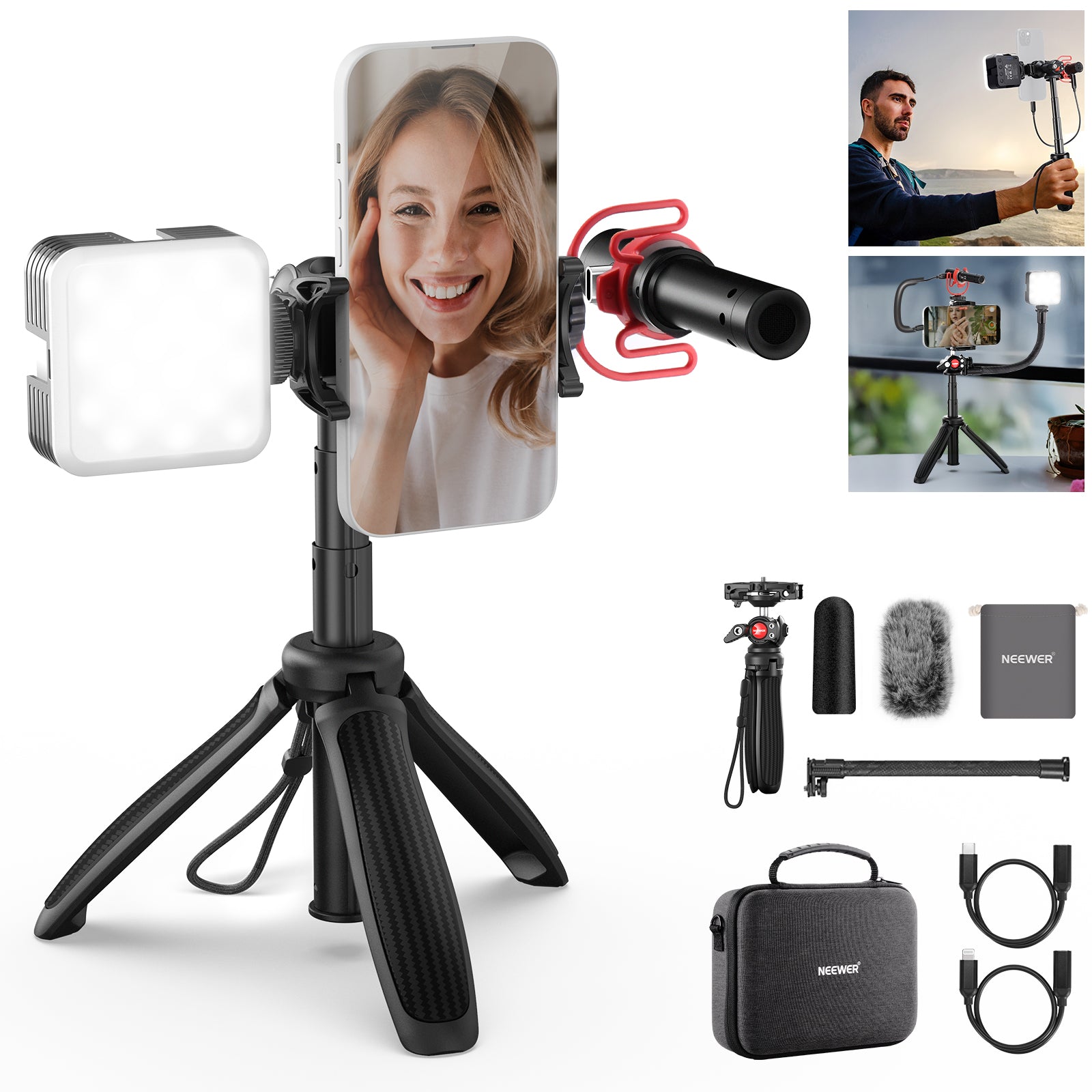 Best NEEWER PA045 Vlogging Kit - LED Light, Selfie Stick Tripod & Microphone for iPhone Android Smartphones - Perfect for YouTube, TikTok & Live Streaming