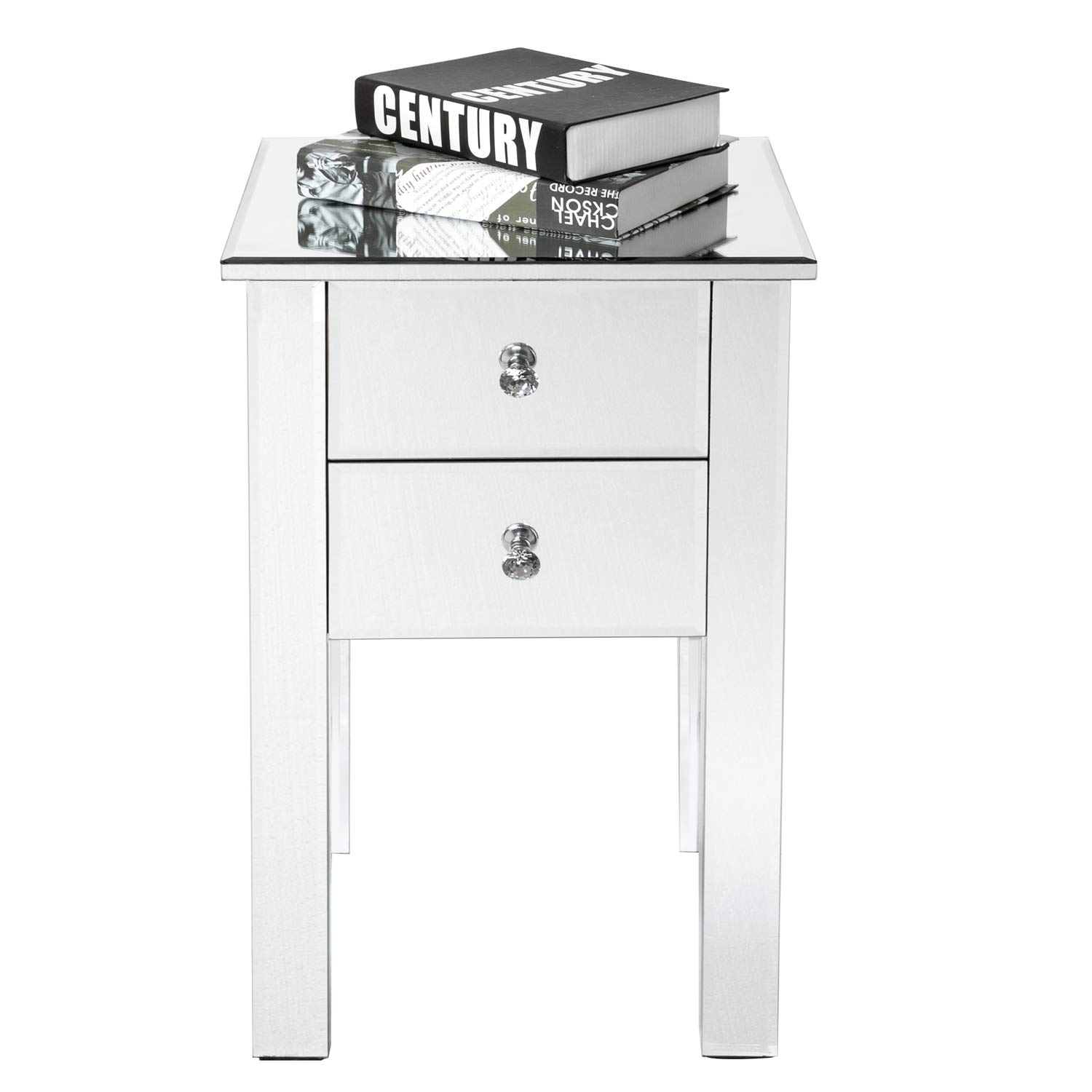 Mirrored Nightstand with 2 Drawers - Silver End Table with Crystal Handles for Bedroom & Living Room | Elegant Accent Table for Bedside, Sofa Side & Dressing Area
