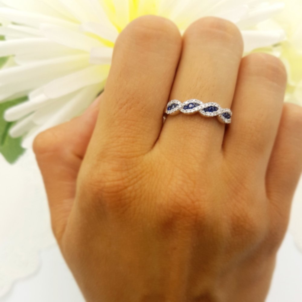 Exquisite Round Blue Sapphire & White Diamond Swirl Stackable Ring for Women - 14K Solid Gold Anniversary Gift | Elegant Wedding Band, Romantic Proposal Jewelry, Special Occasion Present for Her