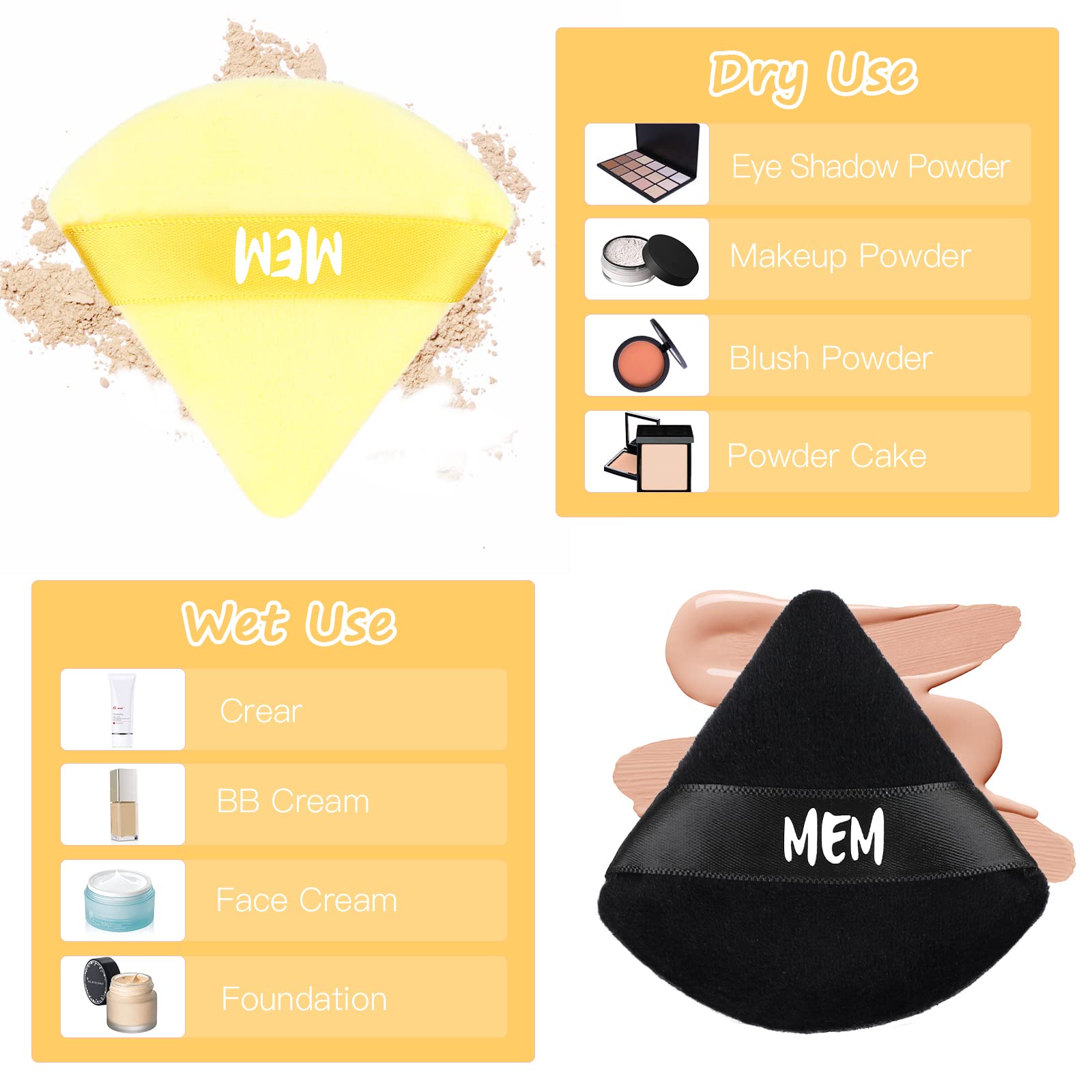 8 Pcs MEM Triangle Powder Puff - Soft Velour Makeup Sponge for Loose & Pressed Powder Application | Wet & Dry Use | Skin-Friendly Beauty Blender with Satin Ribbon | Perfect for On-the-Go Touchups & Professional Makeup Application