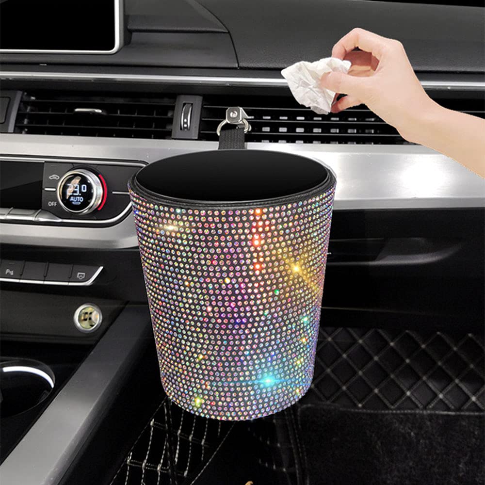 Bling Car Garbage Trash Can - Glitter Diamond Hanging Trash Bin, Multifunctional Car Organizer Storage Box (Silver) | Perfect for Road Trips, Commuting & Keeping Your Vehicle Clean