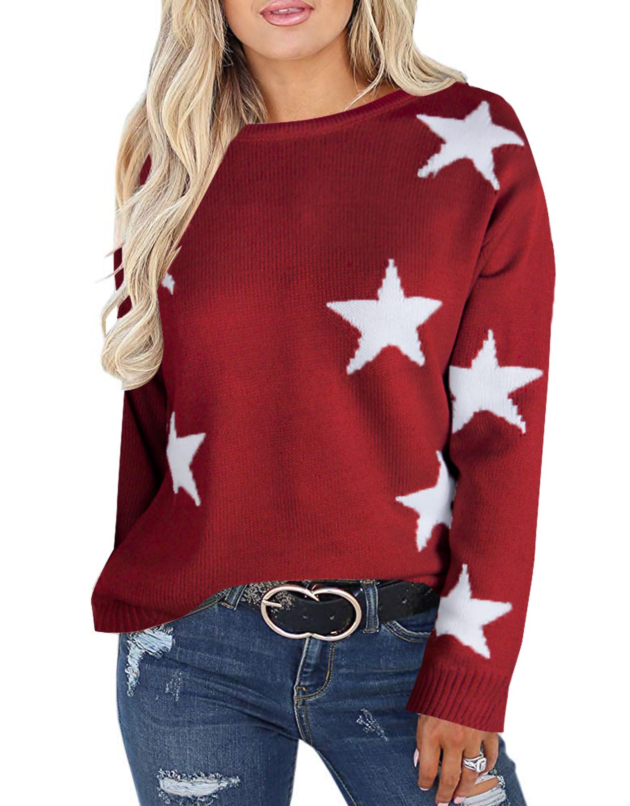 Shermie Women's Star Graphic Knitted Pullover Sweater - Long Sleeve Crewneck Casual Top for Fall & Winter | Cozy Office Wear, Weekend Outfits, and Holiday Fashion