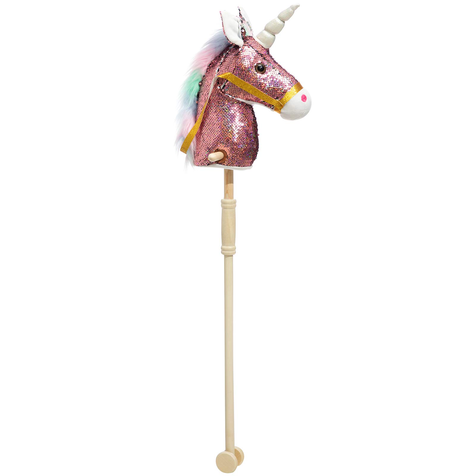 **HollyHOME Sequin Unicorn Stick Horse - Handcrafted Wooden Wheels, Real Neighing & Galloping Sounds - 36