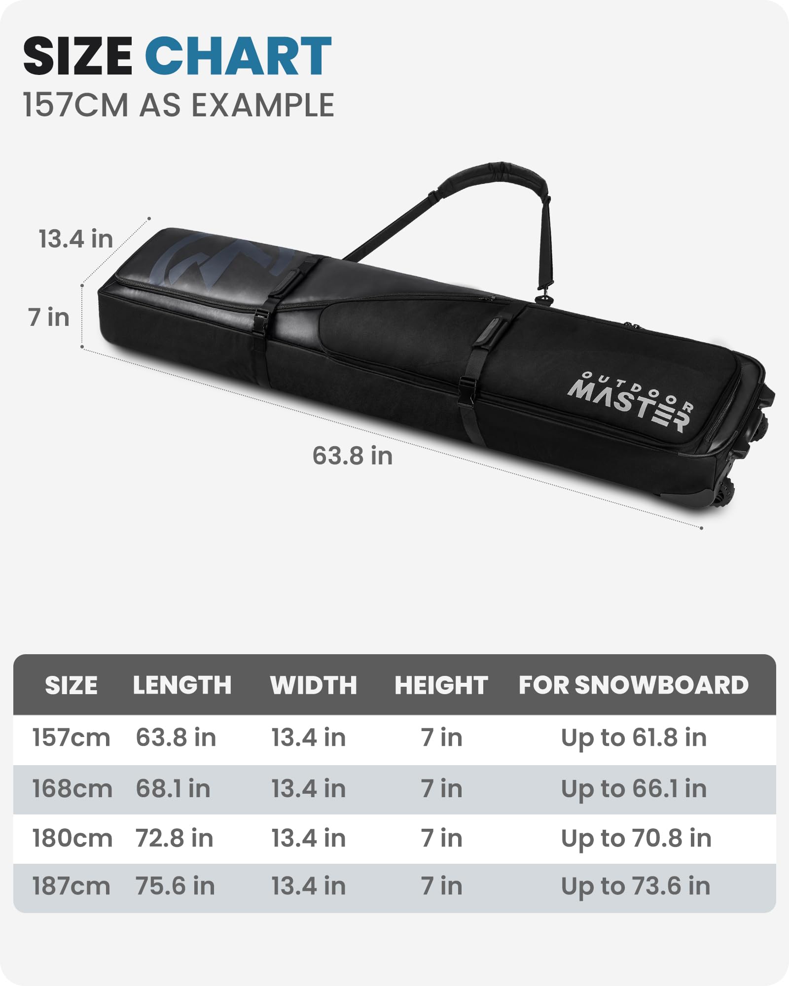 OutdoorMaster Padded Snowboard Bag with Wheels - Waterproof Travel Snowboard Case for Air Travel - Removable Shoulder Straps & Storage Pockets - Perfect for Winter Sports, Ski Trips & Snowboarding Vacations