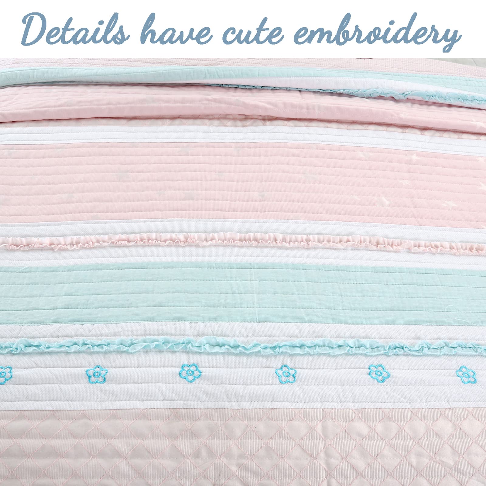 Light Pink & Blue Ruffled 100% Cotton Reversible Quilt Bedding Set - Twin Size 2-Piece (Quilt + Sham) | Cozy Line Home Fashions | Soft Girls' Bedspread & Coverlet | Perfect for Kids' Room, Nursery, or Guest Bedroom Decor