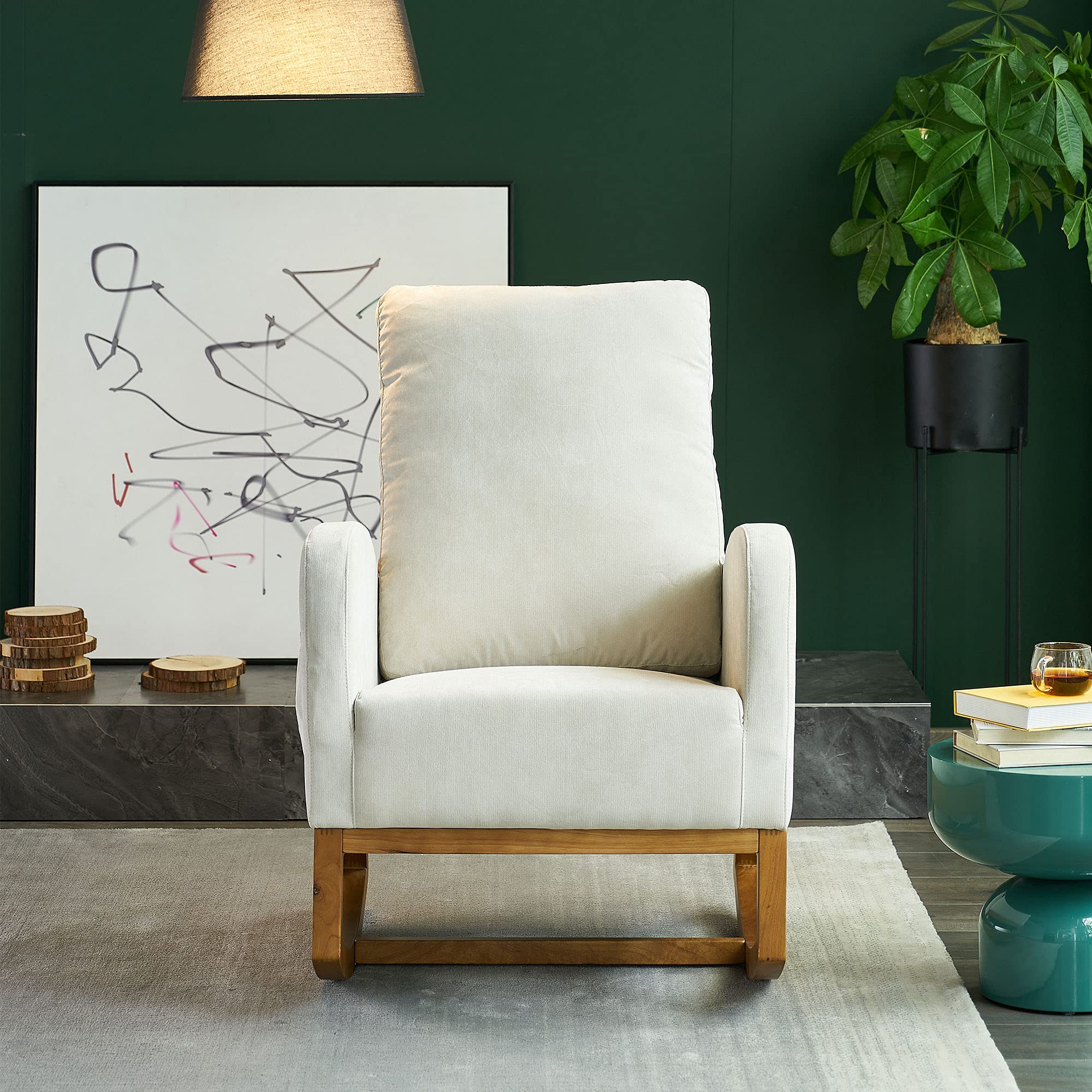 Comfortable Upholstered Rocking Chair with Wooden Padded Seat & Side Pockets - Mid Century Modern Nursery Rocker for Living Room, Bedroom, Nursery - Beige Fabric Accent Armchair | Perfect for Nursing, Reading & Relaxing