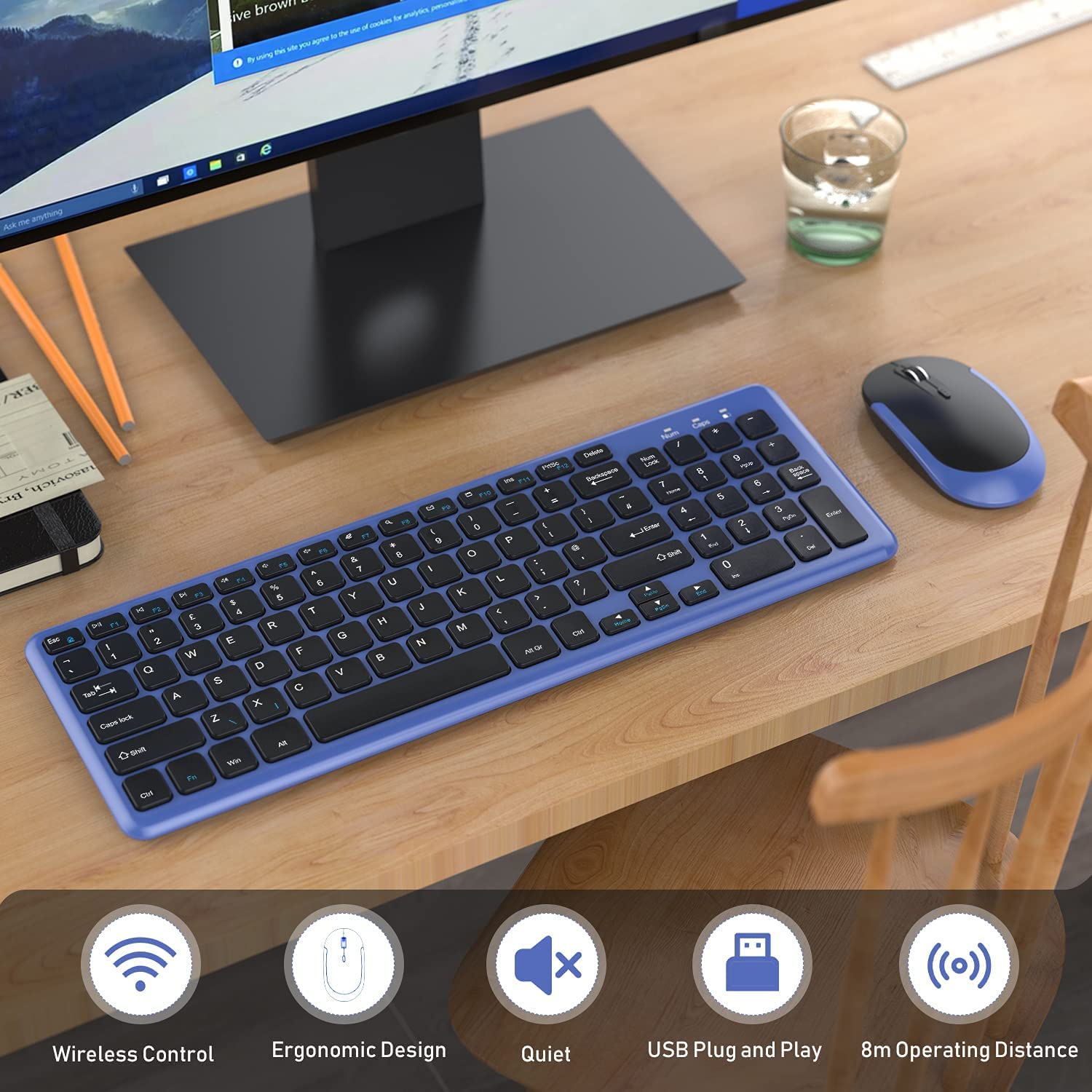Wireless Keyboard and Mouse Combo - 2.4GHz Ergonomic Slim USB Set with Receiver for Windows PC/Laptop - Perfect for Office, Home & Gaming (QWERTY UK Layout)