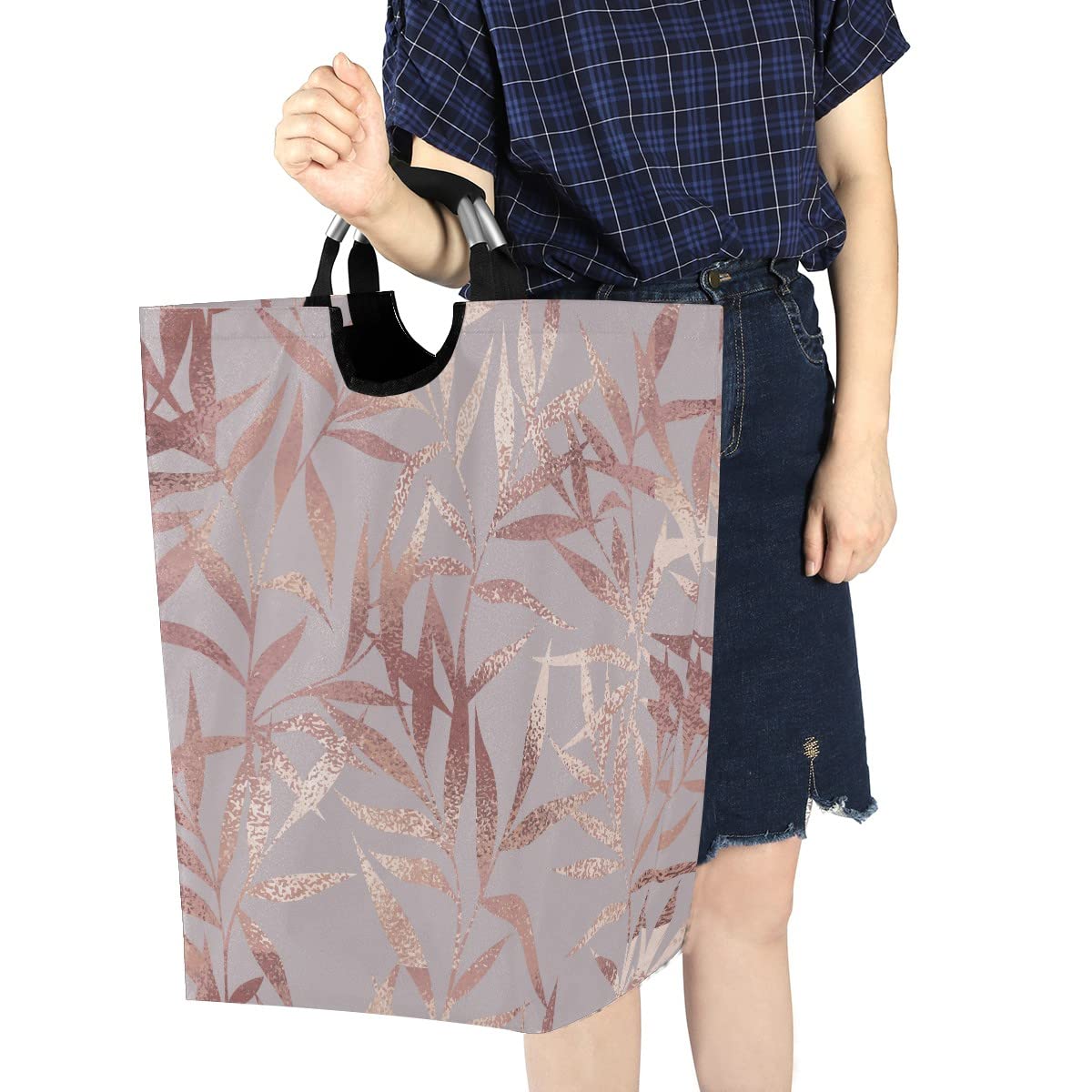 Rose Gold Leaves Foldable Laundry Bag with Handles - Collapsible Laundry Hamper Basket for Bathroom & Laundry Room Organization, Storage & Decor - Perfect for Dorm, Travel & Home Use
