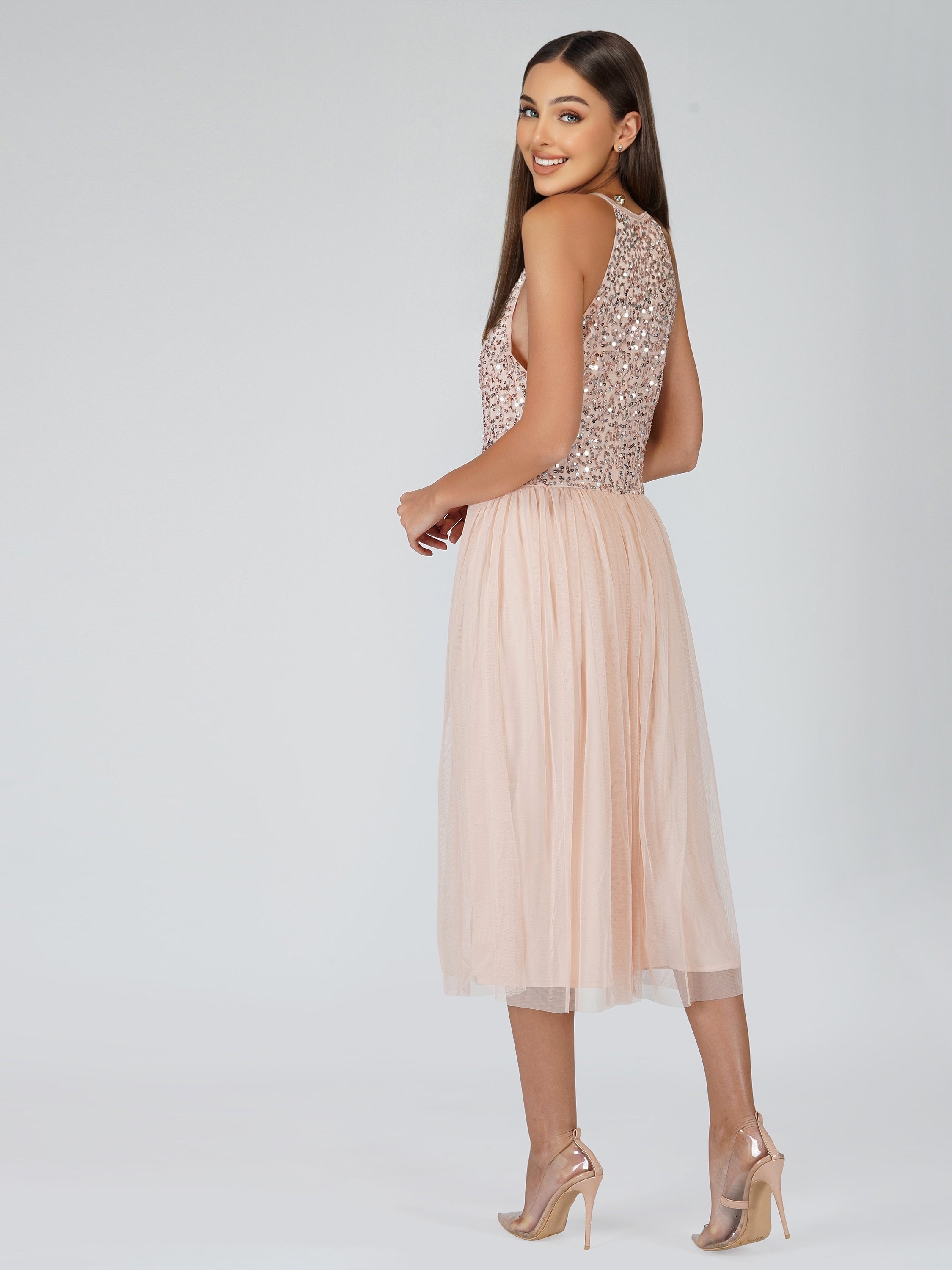 Elegant Sprinkle Blush Pink Bridesmaid Midi Dress - Perfect for Weddings, Parties & Special Occasions