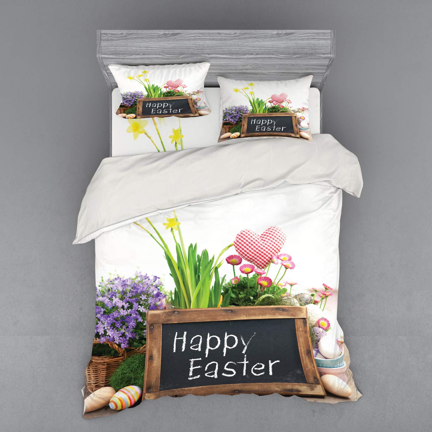 Ambesonne Easter Duvet Cover Set - 4 Piece Queen Size Bedding with Floral Egg & Chalkboard Design on Rustic Wooden Table, Includes Shams & Fitted Sheet - Perfect for Spring Decor, Holiday Guest Rooms & Farmhouse Style Bedrooms