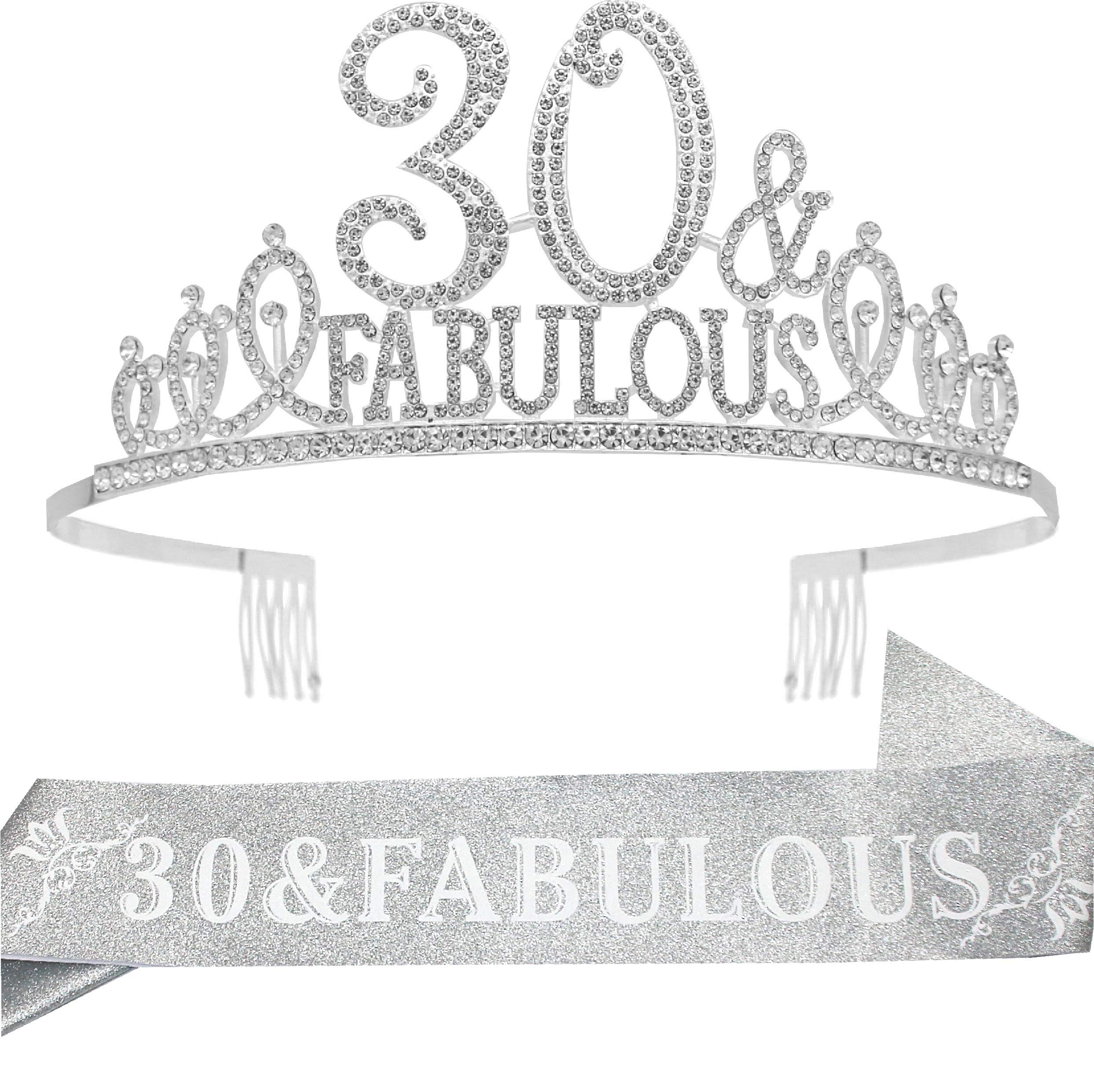 30th Birthday Tiara & Sash Set for Women - Elegant Silver Crown & Decorations - Perfect for 30th Birthday Party, Bachelorette, or Milestone Celebration