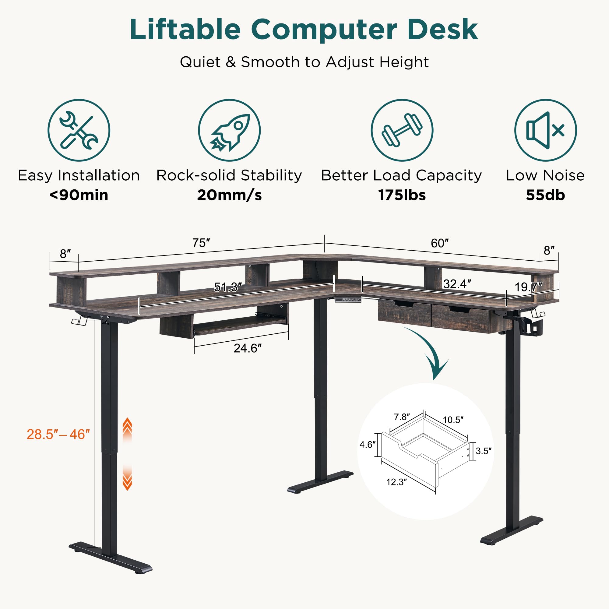 RedLemon 75X60 Inches L-Shaped Electric Standing Desk - Height Adjustable Corner Gaming Desk with Drawers, Keyboard Tray, Power Outlets & LED Lights - Computer Desk with Monitor Shelf in Dark Rustic Oak - Perfect for Home Office, Gaming Setup & Workspace Ergonomics