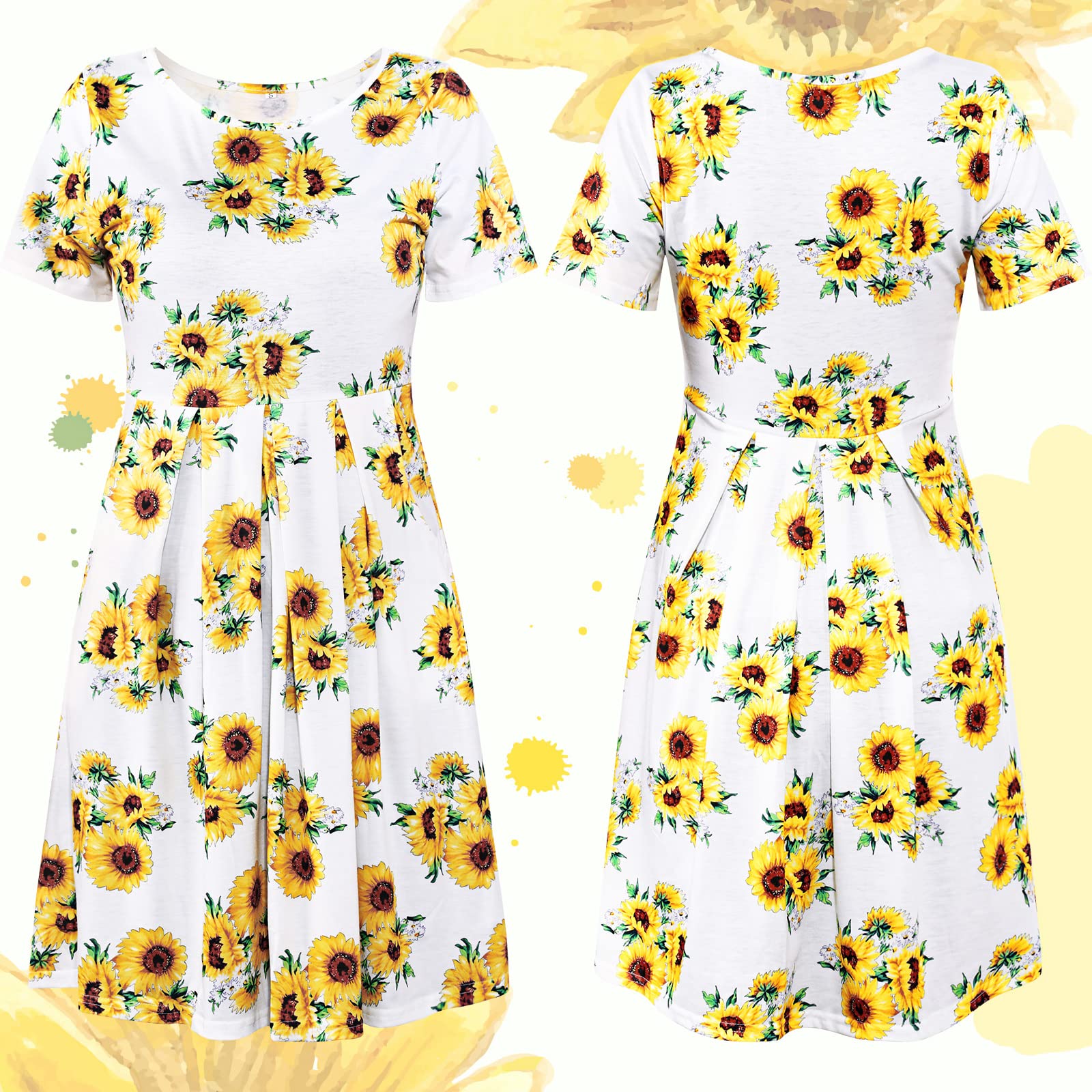 2 Pack Boho Sunflower Dresses for Women & Sunflower Headband - Floral Summer Outfits for Baby Shower, Gender Reveal Party, Beach Vacation and Outdoor Events