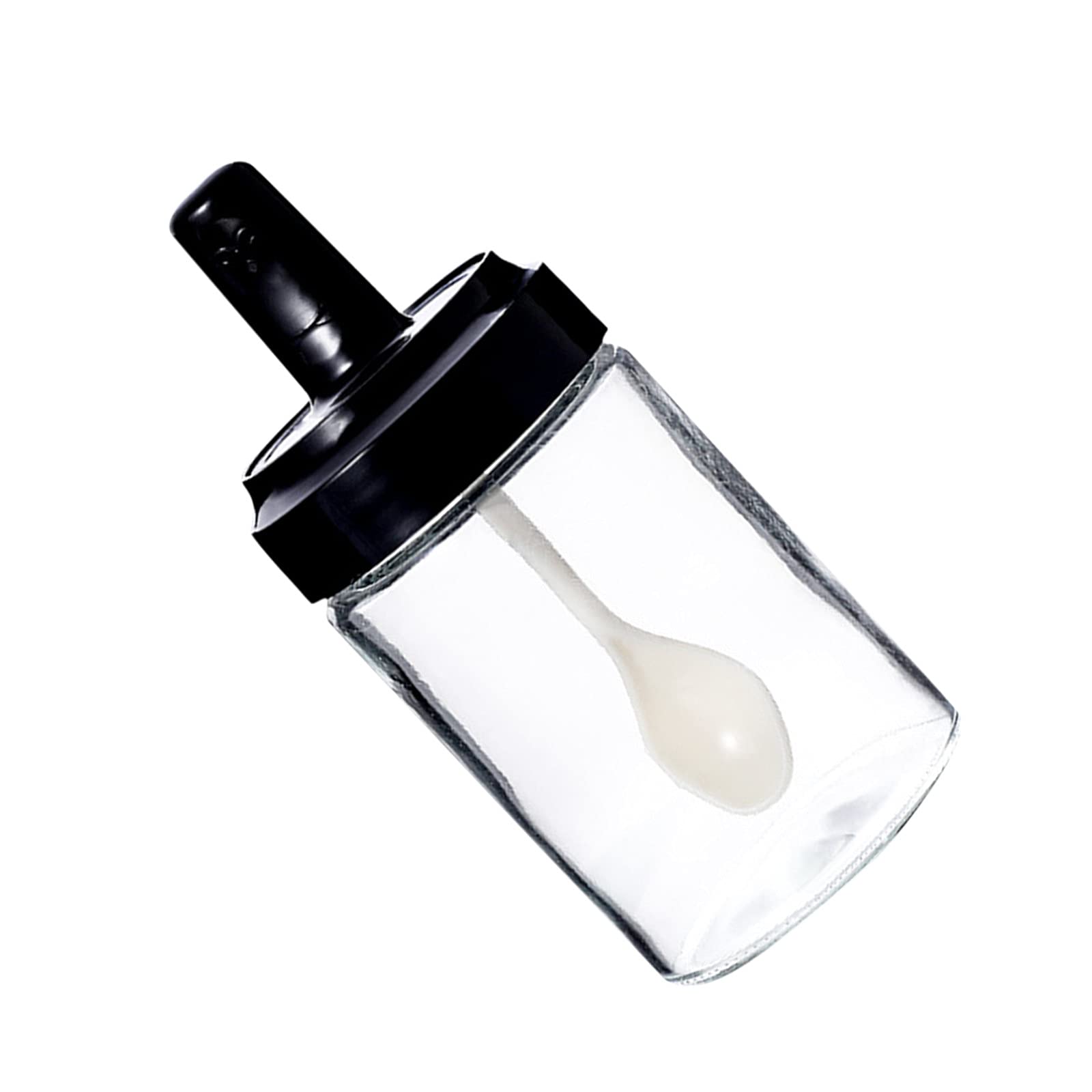 Zerlibeaful Glass Seasoning Jar with Spoon Lid - Integrated Spice Shaker for Kitchen, Dining Table Set of 4 - Perfect for Cooking, Baking & Meal Prep (Black, One Size)