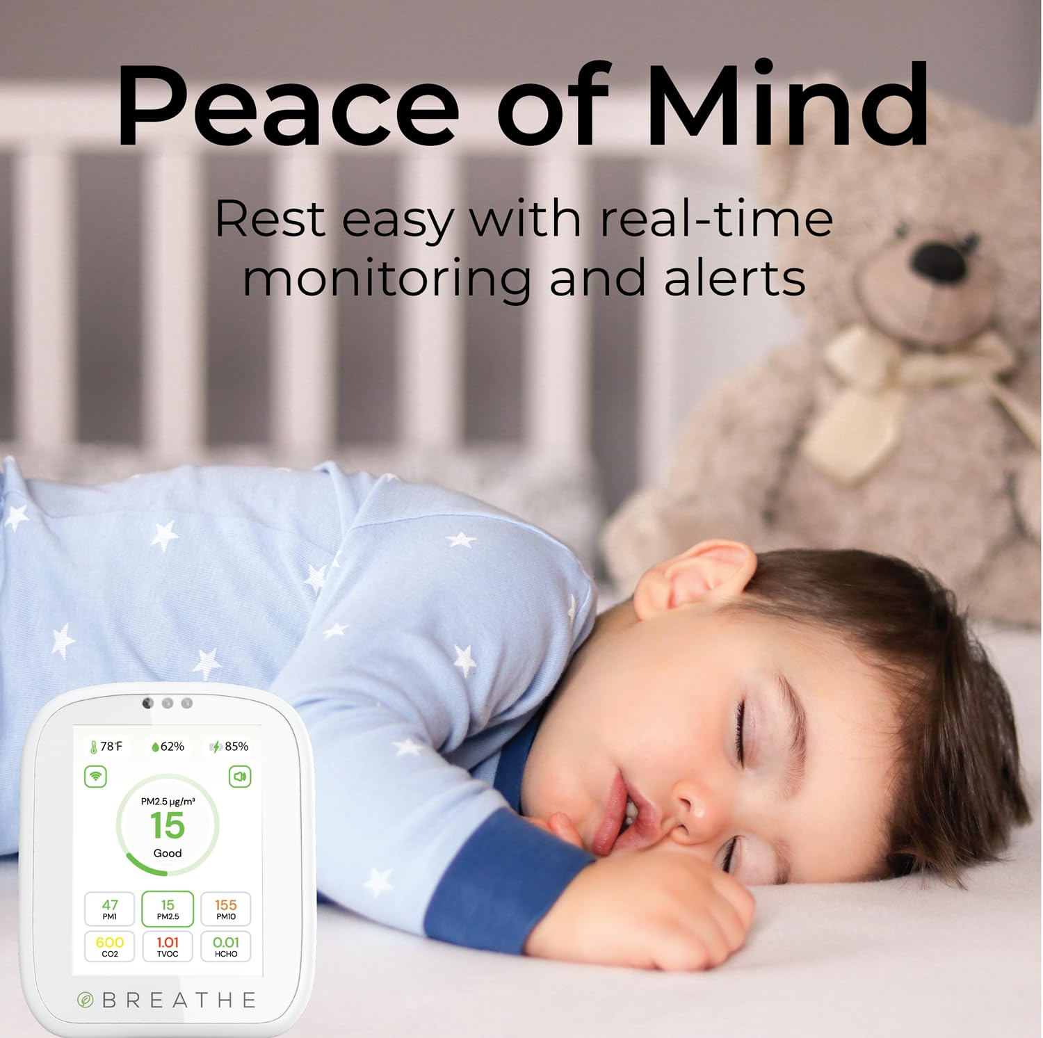 BREATHE Airmonitor Plus: 8-in-1 Smart Indoor Air Quality Monitor - CO2 Meter, Formaldehyde Detector, VOC Sensor, PM1/2.5/10, Temperature & Humidity Gauge with Mobile App - Perfect for Home, Office, Nursery & Bedroom Air Quality Testing
