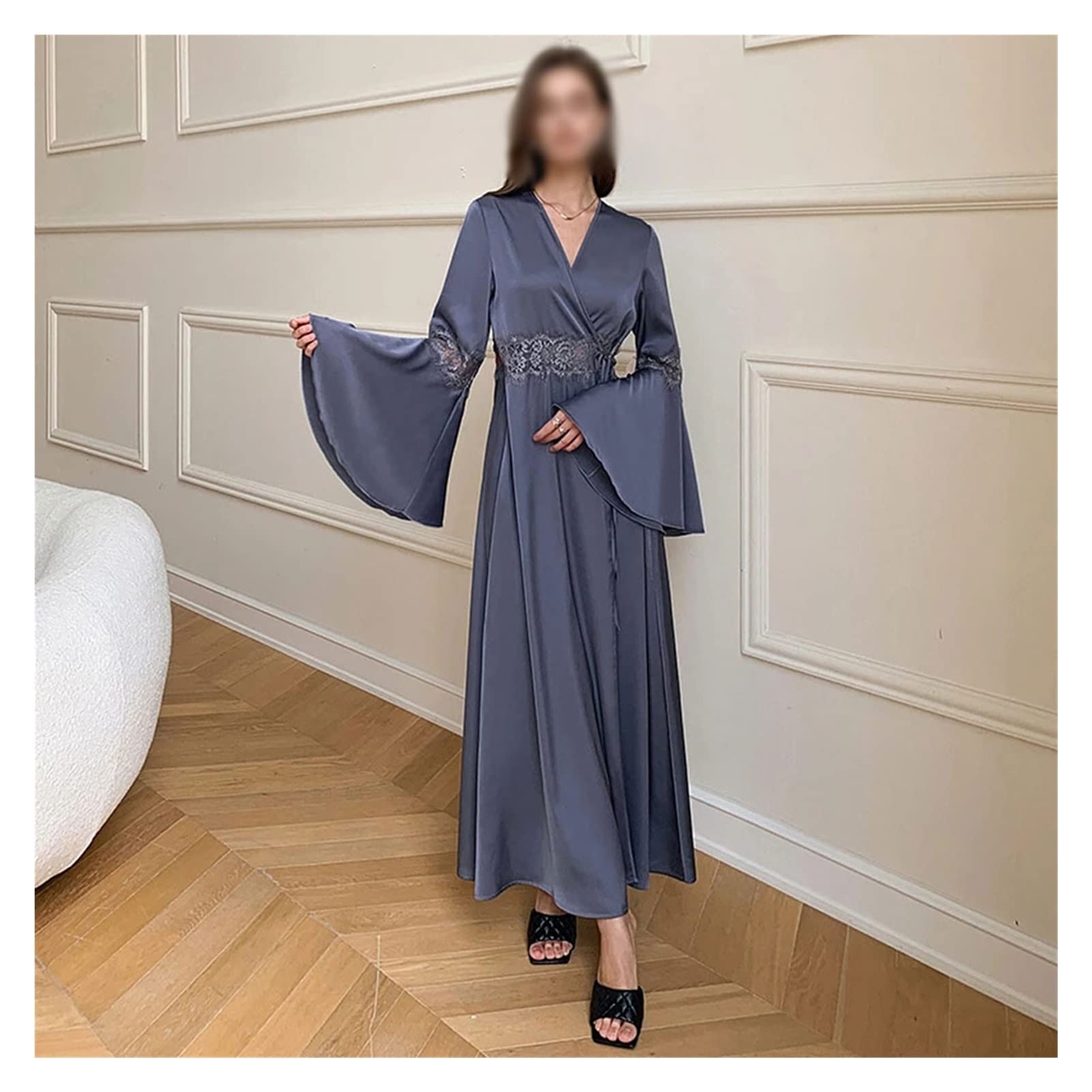 Elegant Satin Lace Bathrobe for Women - Long Sleeve V-Neck Nightgown & Sleepwear Loungewear (Color A, Size XL) | Perfect for Spa Days, Bridal Showers & Relaxing at Home