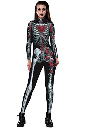 Women's Halloween Skeleton Jumpsuit - Scary Skull Print Bodysuit Costume | Sexy Skinny Catsuit for Halloween Party, Cosplay & Nightclub Outfits