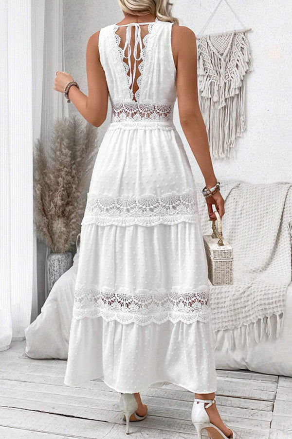Elegant Solid Color Hollow Lace Splicing V-Neck Sleeveless Maxi Dress for Women - Perfect for Summer Beach, Wedding Guest, and Evening Party Occasions