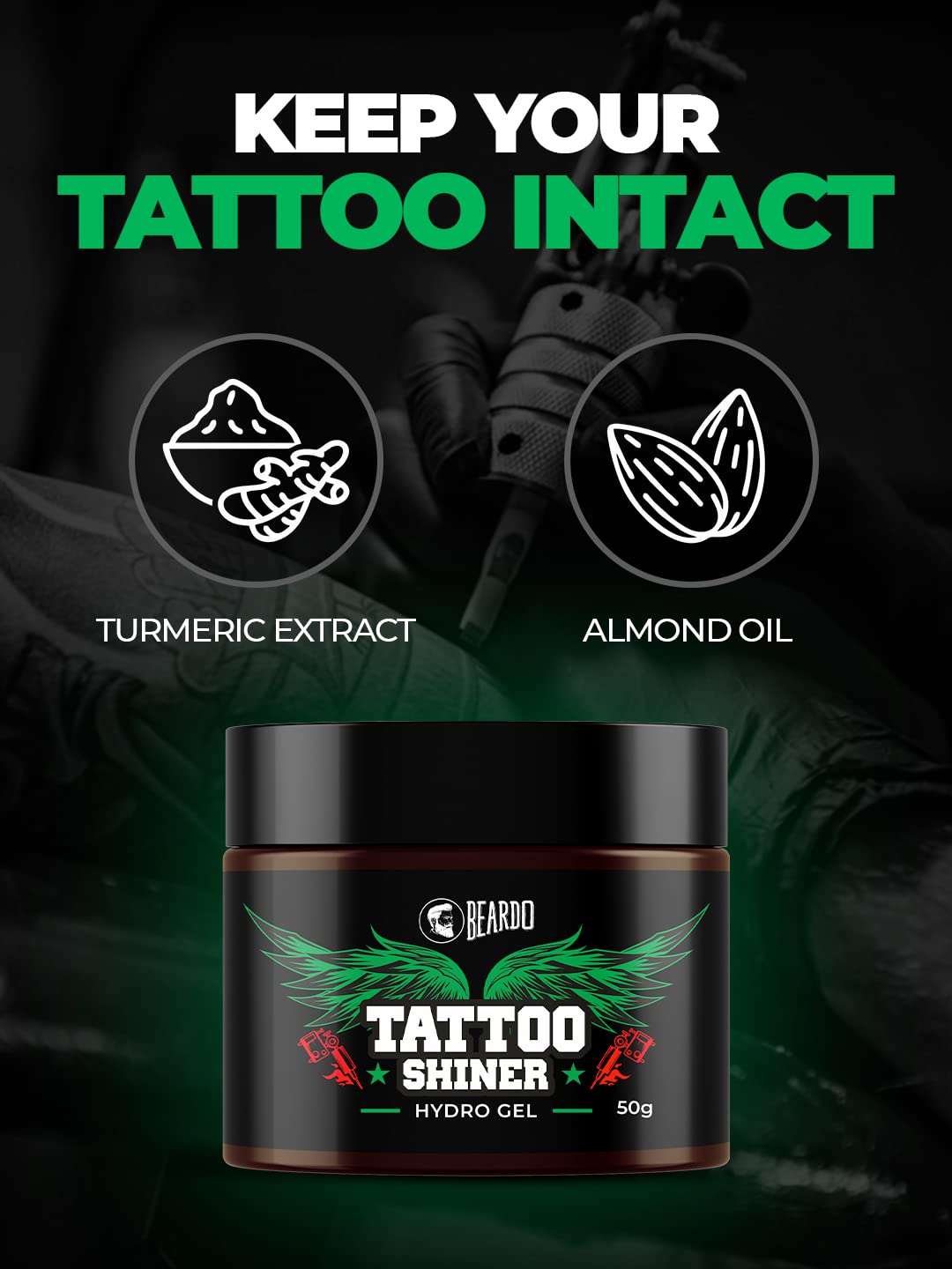 Beardo Tattoo Shiner Gel, 50g - Hydro Gel for Tattoo Healing & Maintenance with Almond Oil & Turmeric Extract | Brightens & Enhances Tattoo Ink for Men & Women | Perfect for Fresh & Old Tattoos, Daily Care & Tattoo Aftercare