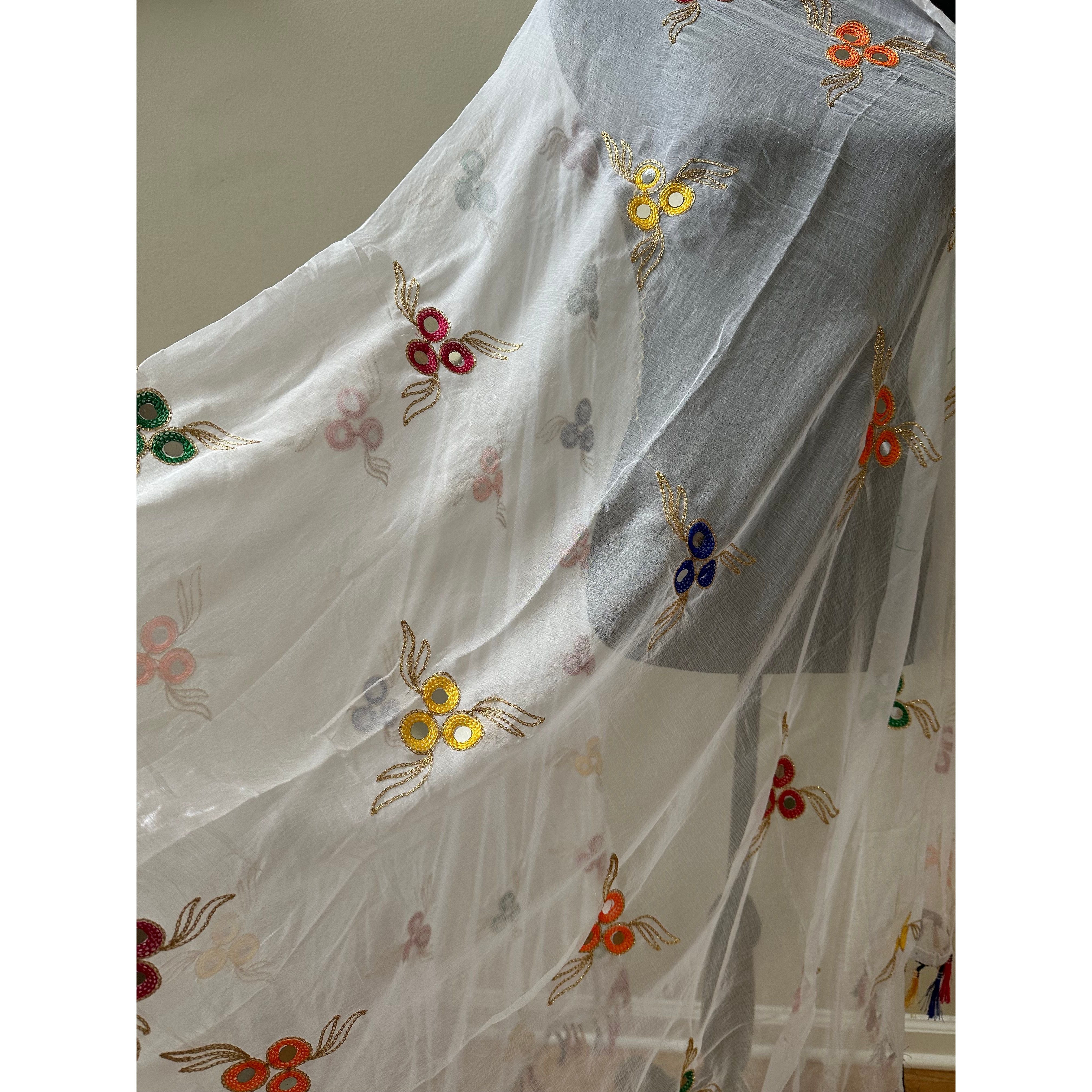 Elegant White Dupatta with Multicolor Thread Embroidery - Perfect for Weddings, Parties & Festive Occasions