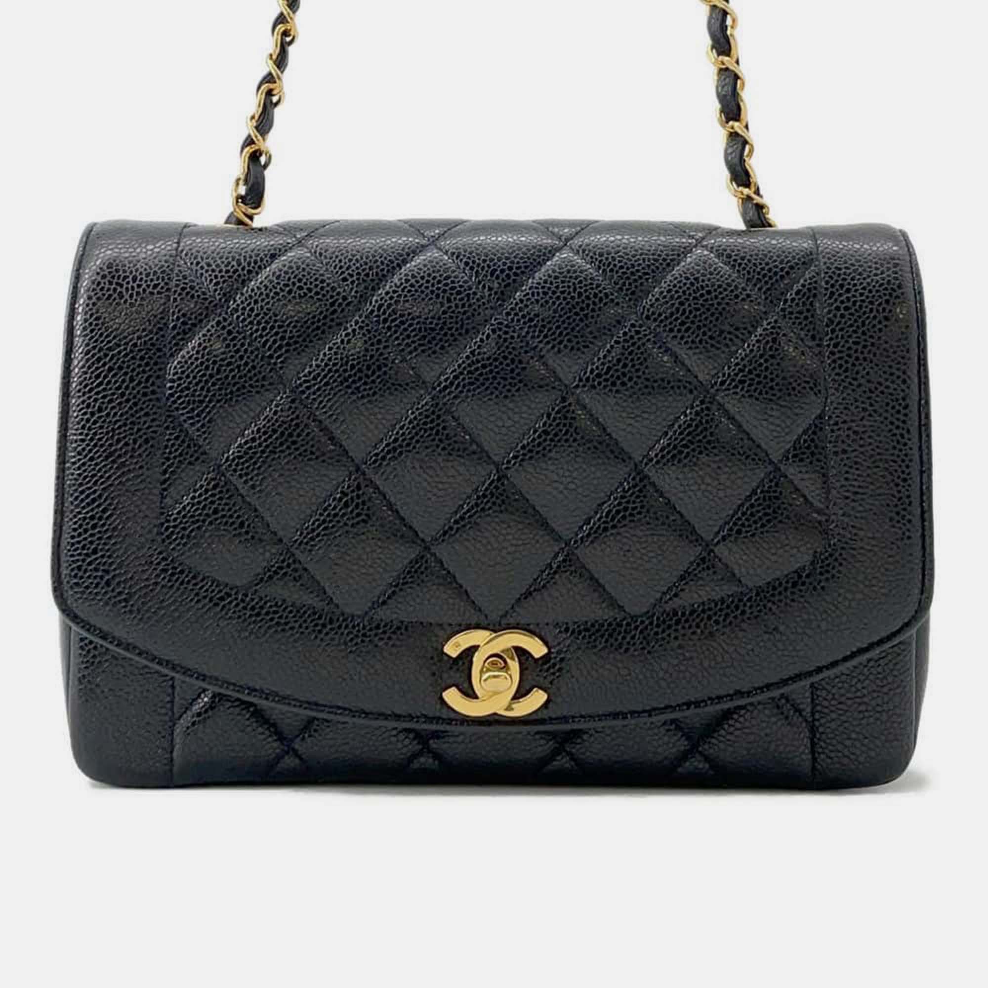 Black Caviar Leather Diana Single Flap Chain Shoulder Bag 25cm | Luxury Designer Handbag for Women | Perfect for Evening Parties, Date Nights & Special Occasions