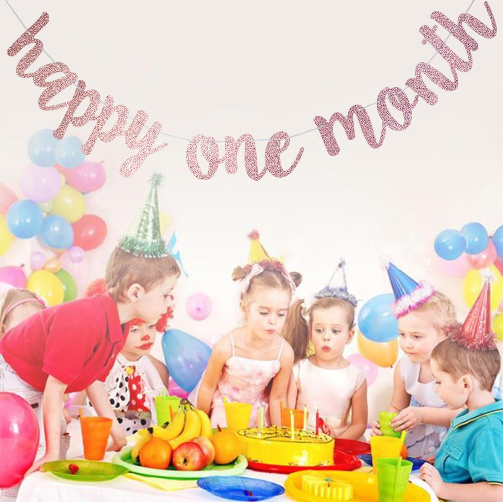 Rose Gold Glitter One Month Birthday Banner - Happy 1 Month & Half Year Celebration for Baby Boys & Girls - Baby Shower Party Decorations - Perfect for Nursery Decor, Milestone Photos & First Birthday Parties