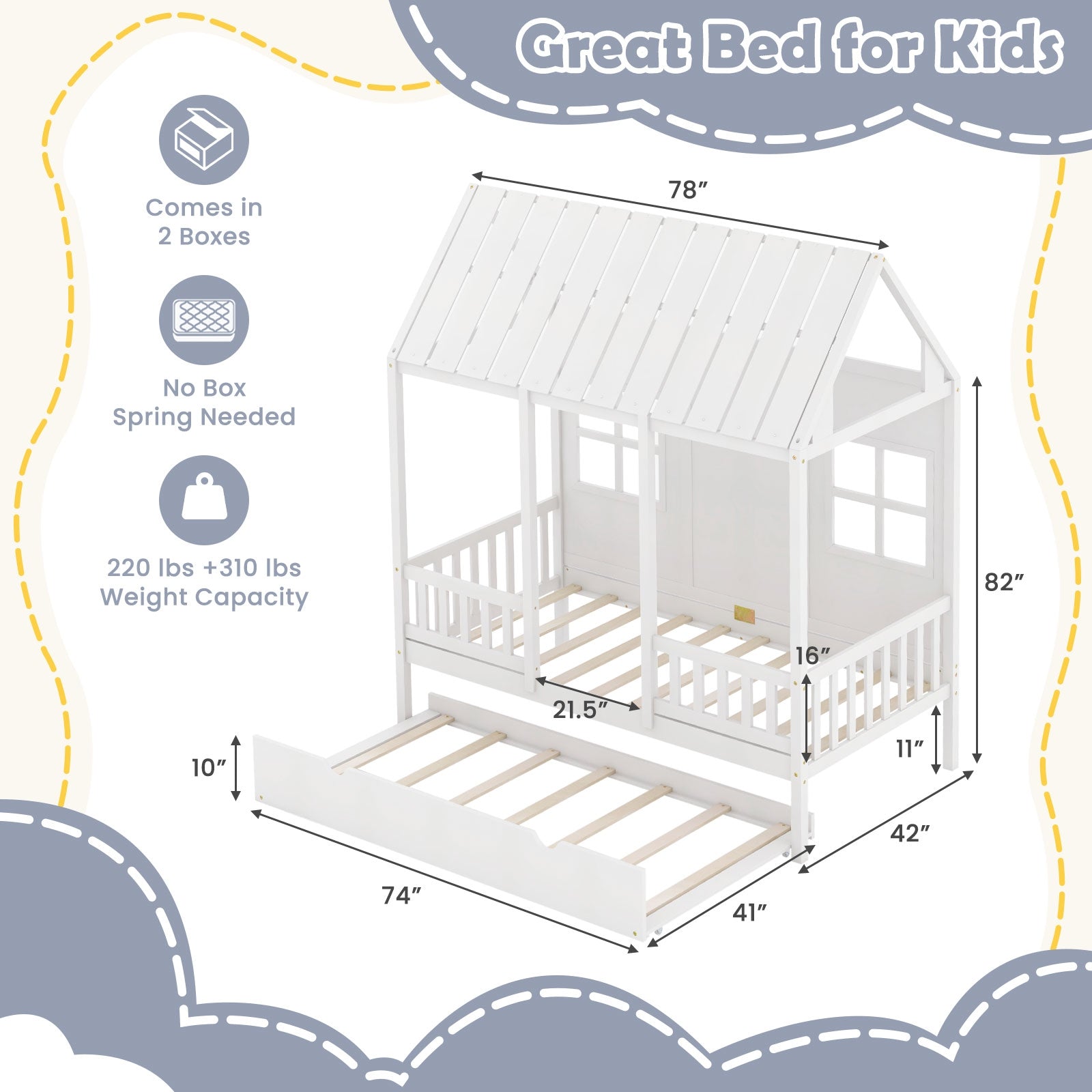 Twin Size House Bed Frame with Trundle - 82 Inch Tall Canopy White - Perfect for Kids Bedroom, Playroom & Nursery Decor