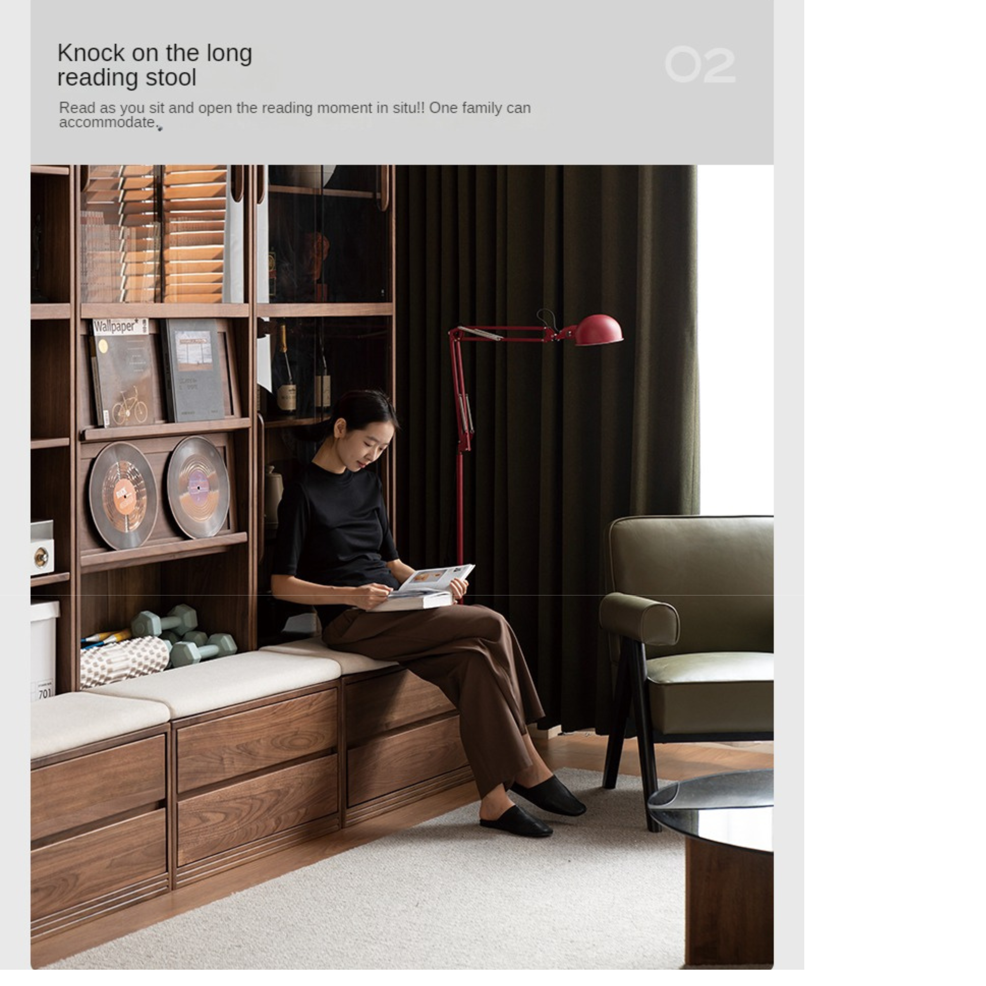 Solid Black Walnut Wood Wall-to-Wall Bookshelf with Built-in Seat - Modern Luxury Home Office & Living Room Storage Solution